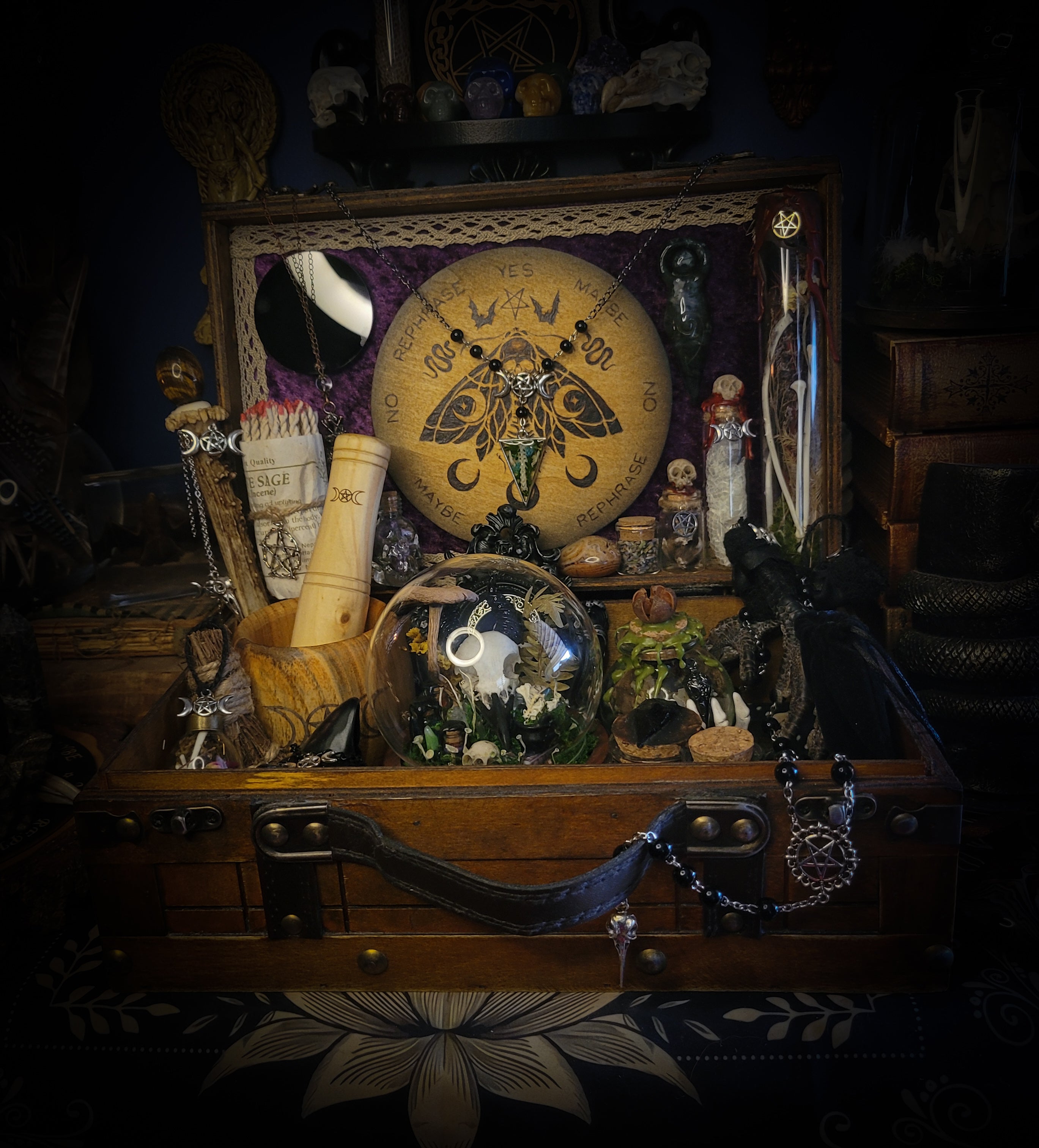 Universal Witch Altar Box — handmade witch altar box, made to order. Custom portable ritual space with pendulum board, obsidian scrying mirror, spell jars, wand, crystals, bones and symbolic elements. Dark witchcraft commission by Morbid Oddities.