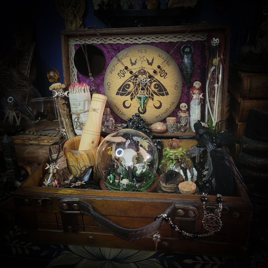 Universal Witch Altar Box — handmade witch altar box, made to order. Custom portable ritual space with pendulum board, obsidian scrying mirror, spell jars, wand, crystals, bones and symbolic elements. Dark witchcraft commission by Morbid Oddities.