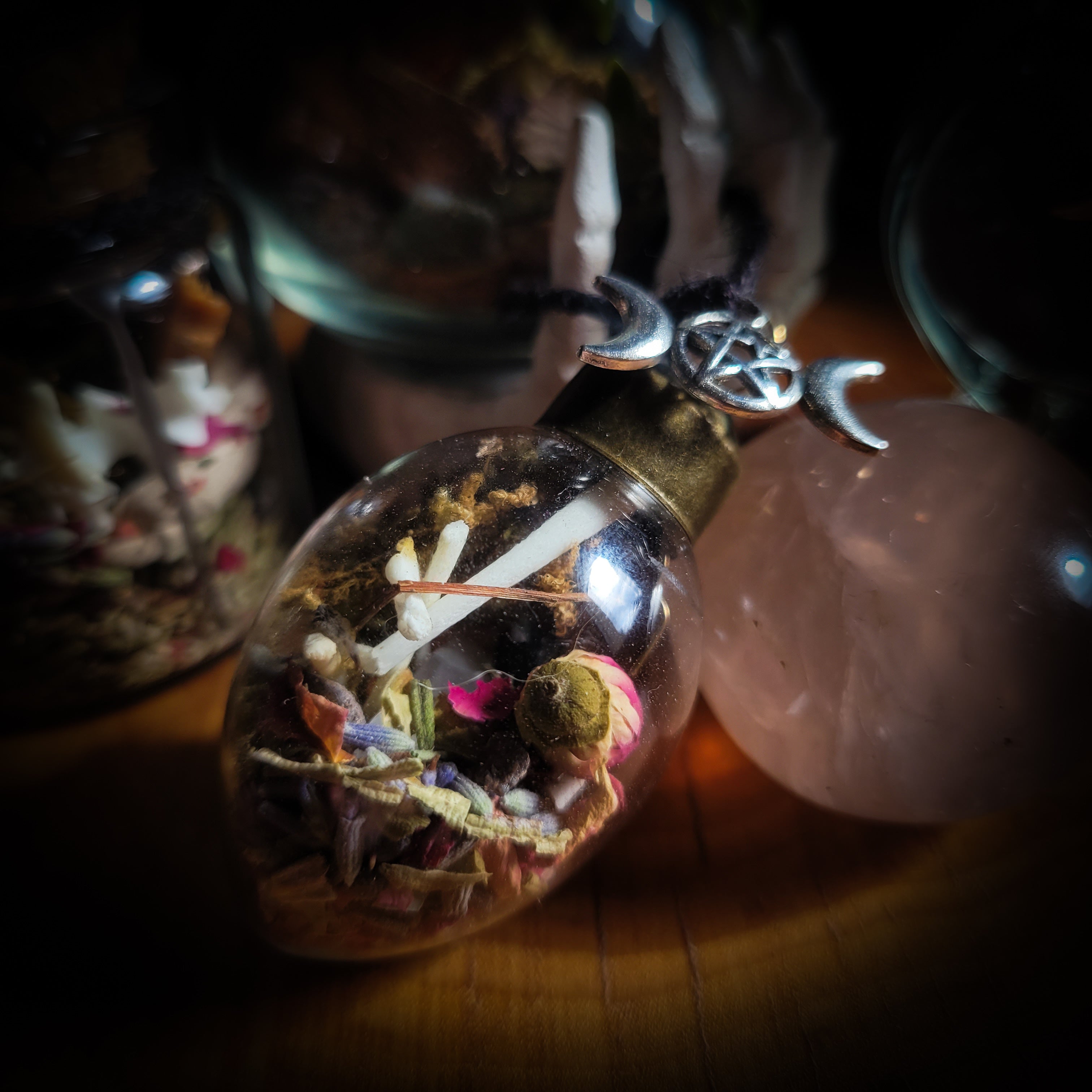 Universal Witch Altar Box — handmade witch altar box, made to order. Custom portable ritual space with pendulum board, obsidian scrying mirror, spell jars, wand, crystals, bones and symbolic elements. Dark witchcraft commission by Morbid Oddities.