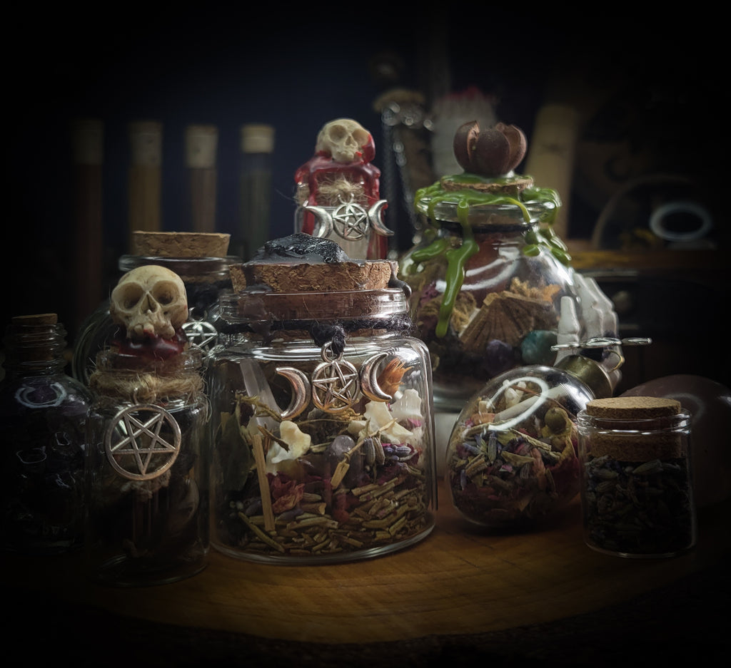 Universal Witch Altar Box — handmade witch altar box, made to order. Custom portable ritual space with pendulum board, obsidian scrying mirror, spell jars, wand, crystals, bones and symbolic elements. Dark witchcraft commission by Morbid Oddities.