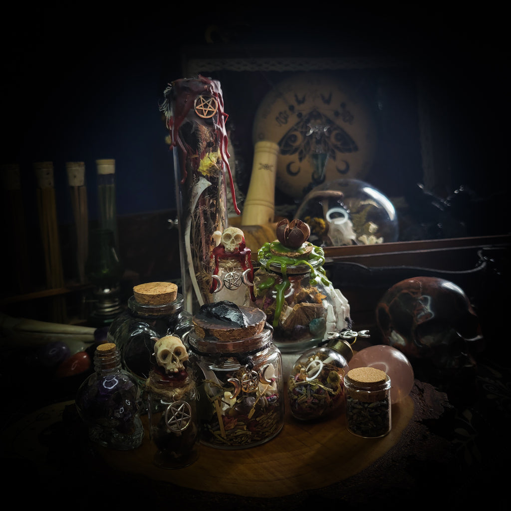 Universal Witch Altar Box — handmade witch altar box, made to order. Custom portable ritual space with pendulum board, obsidian scrying mirror, spell jars, wand, crystals, bones and symbolic elements. Dark witchcraft commission by Morbid Oddities.