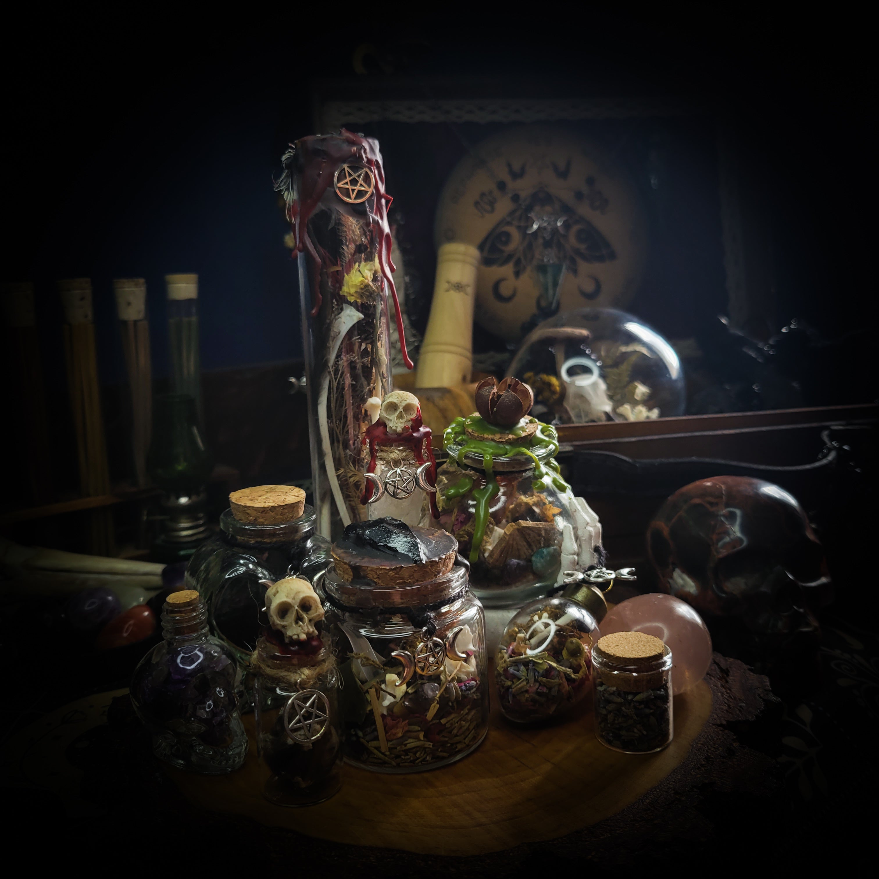 Universal Witch Altar Box — handmade witch altar box, made to order. Custom portable ritual space with pendulum board, obsidian scrying mirror, spell jars, wand, crystals, bones and symbolic elements. Dark witchcraft commission by Morbid Oddities.