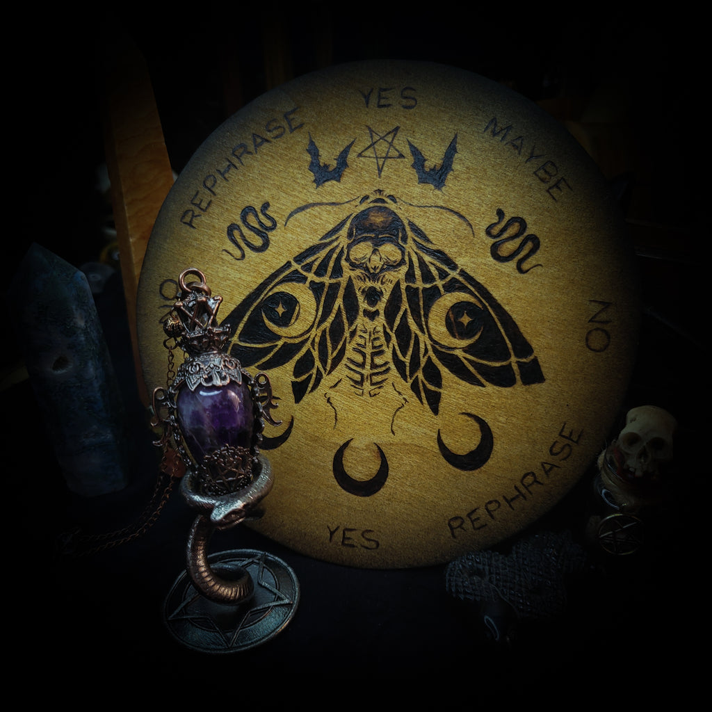 Universal Witch Altar Box — handmade witch altar box, made to order. Custom portable ritual space with pendulum board, obsidian scrying mirror, spell jars, wand, crystals, bones and symbolic elements. Dark witchcraft commission by Morbid Oddities.