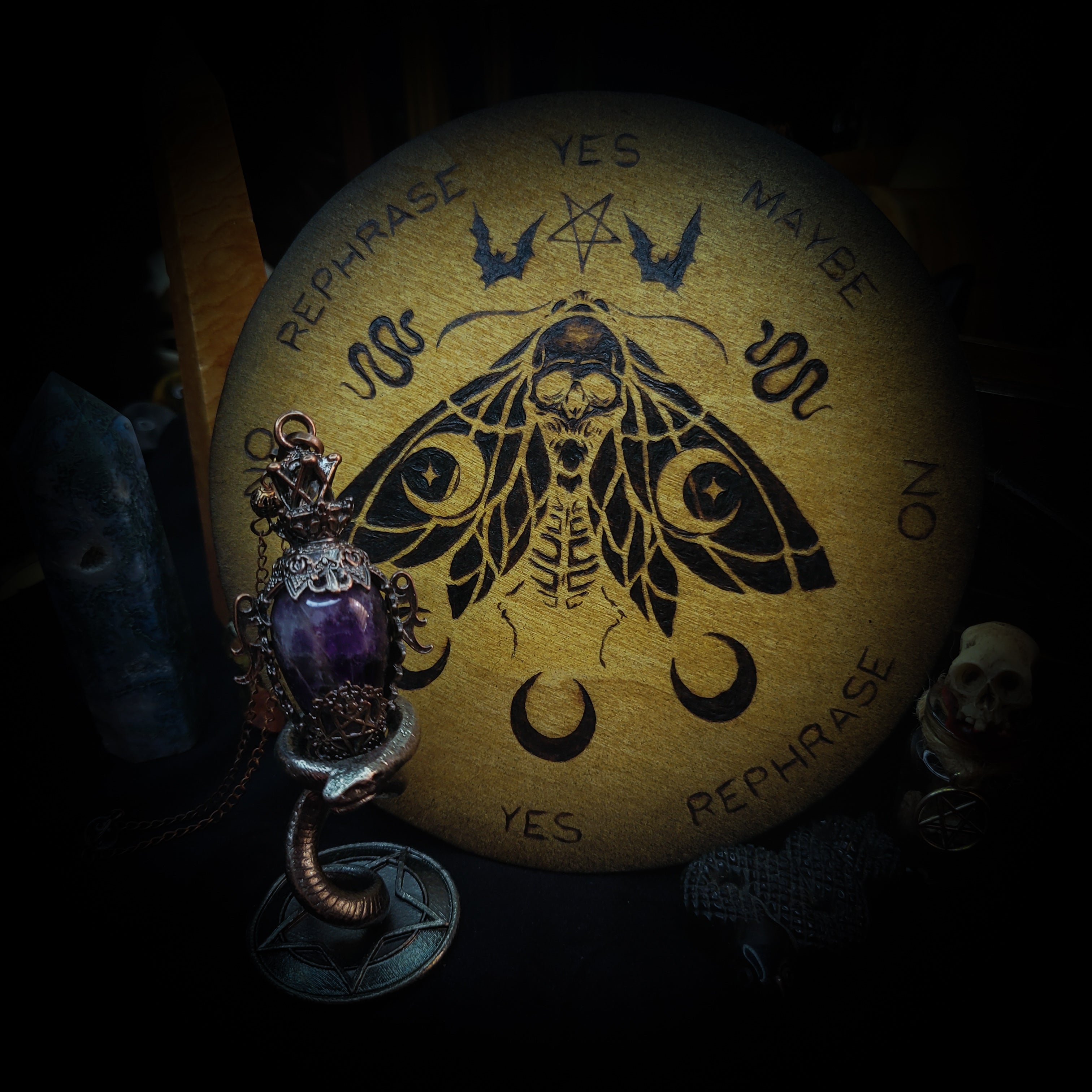 Universal Witch Altar Box — handmade witch altar box, made to order. Custom portable ritual space with pendulum board, obsidian scrying mirror, spell jars, wand, crystals, bones and symbolic elements. Dark witchcraft commission by Morbid Oddities.