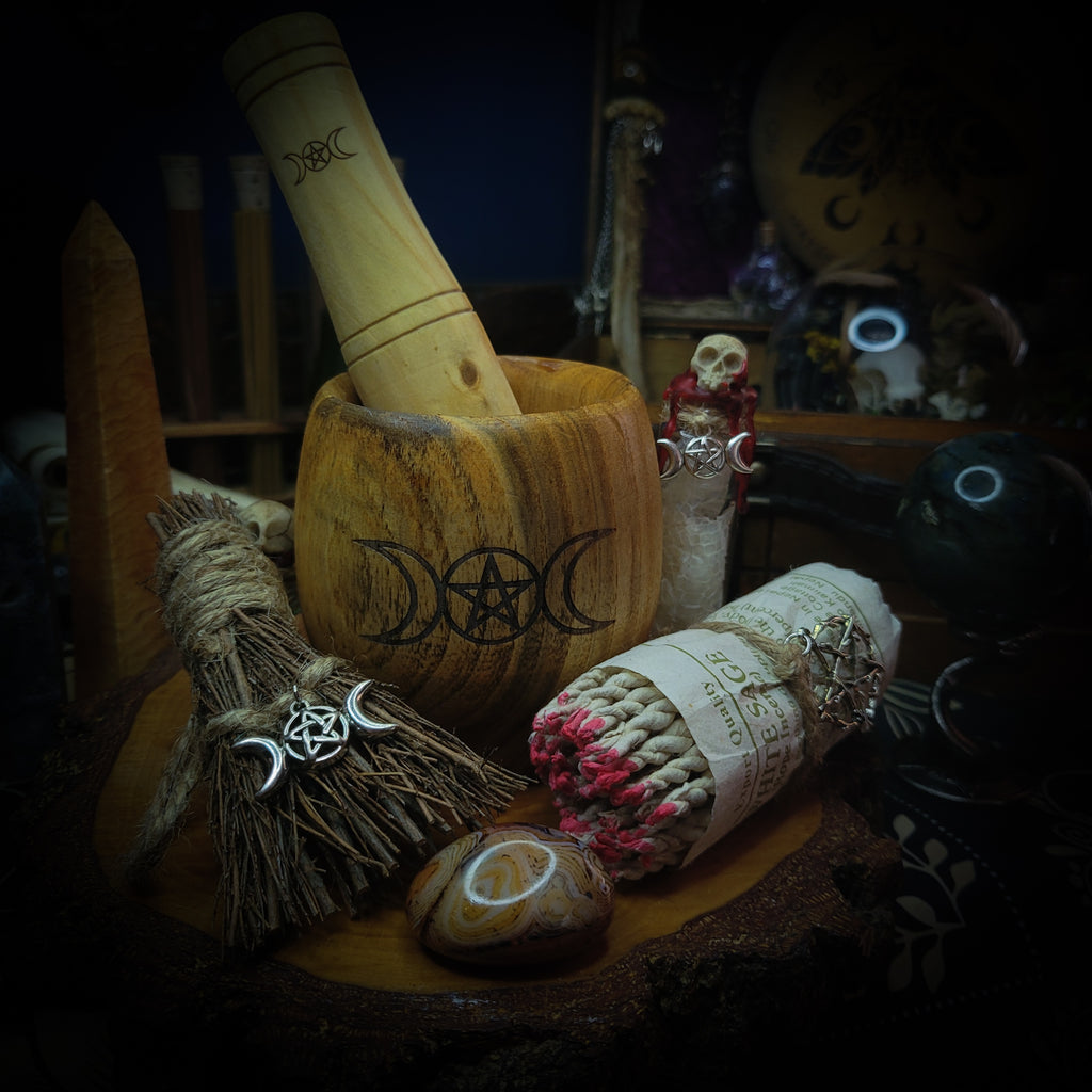 Universal Witch Altar Box — handmade witch altar box, made to order. Custom portable ritual space with pendulum board, obsidian scrying mirror, spell jars, wand, crystals, bones and symbolic elements. Dark witchcraft commission by Morbid Oddities.