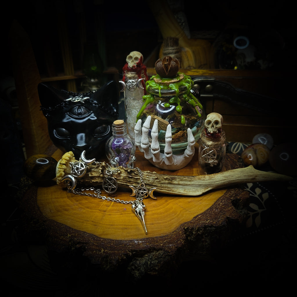 Universal Witch Altar Box — handmade witch altar box, made to order. Custom portable ritual space with pendulum board, obsidian scrying mirror, spell jars, wand, crystals, bones and symbolic elements. Dark witchcraft commission by Morbid Oddities.