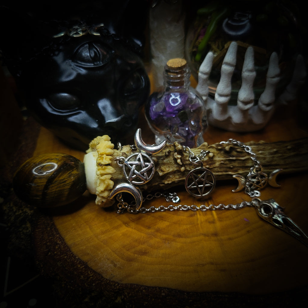 Universal Witch Altar Box — handmade witch altar box, made to order. Custom portable ritual space with pendulum board, obsidian scrying mirror, spell jars, wand, crystals, bones and symbolic elements. Dark witchcraft commission by Morbid Oddities.