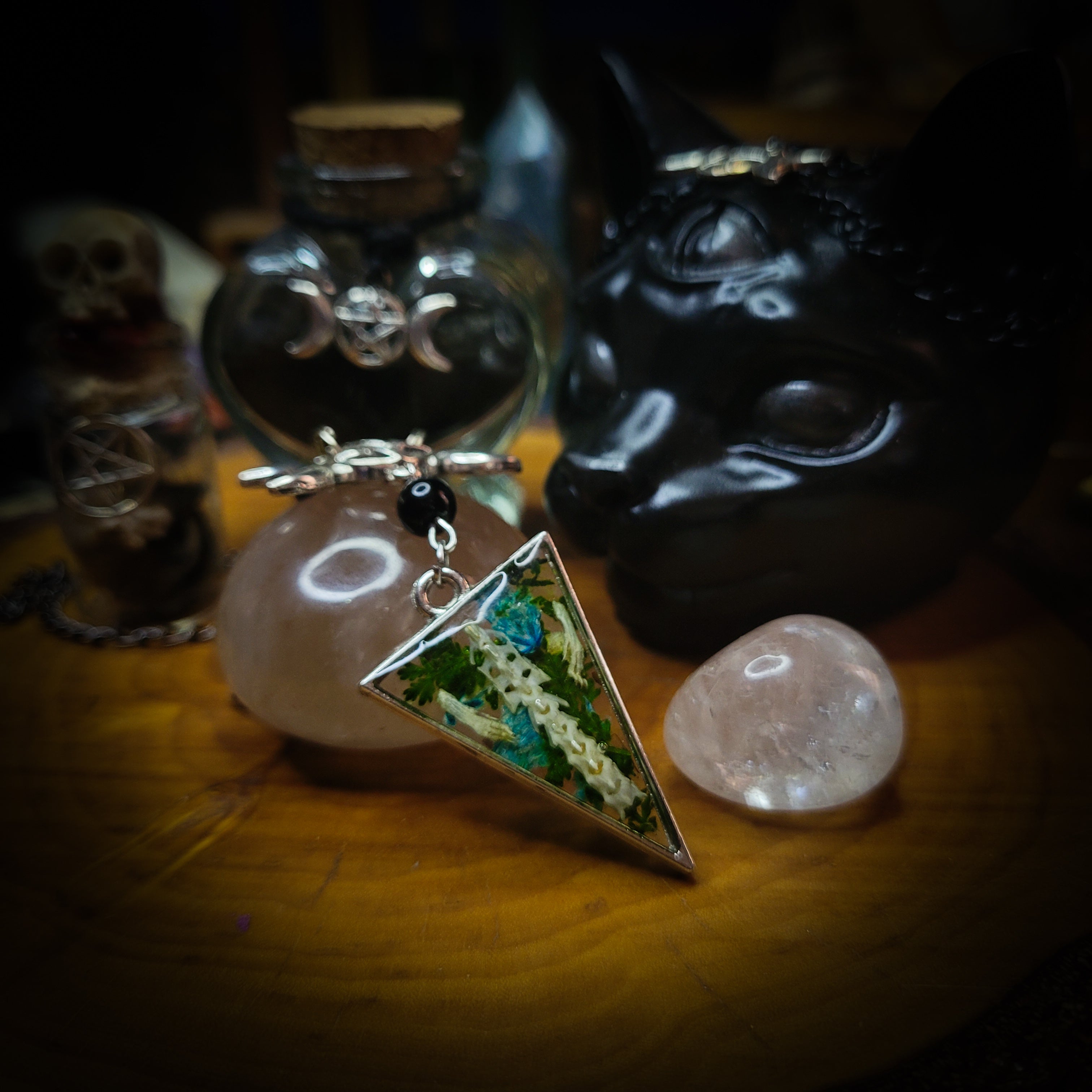 Universal Witch Altar Box — handmade witch altar box, made to order. Custom portable ritual space with pendulum board, obsidian scrying mirror, spell jars, wand, crystals, bones and symbolic elements. Dark witchcraft commission by Morbid Oddities.