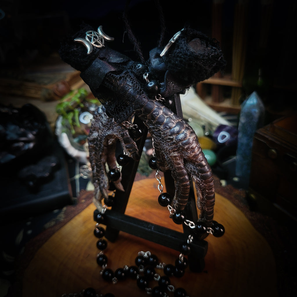 Universal Witch Altar Box — handmade witch altar box, made to order. Custom portable ritual space with pendulum board, obsidian scrying mirror, spell jars, wand, crystals, bones and symbolic elements. Dark witchcraft commission by Morbid Oddities.