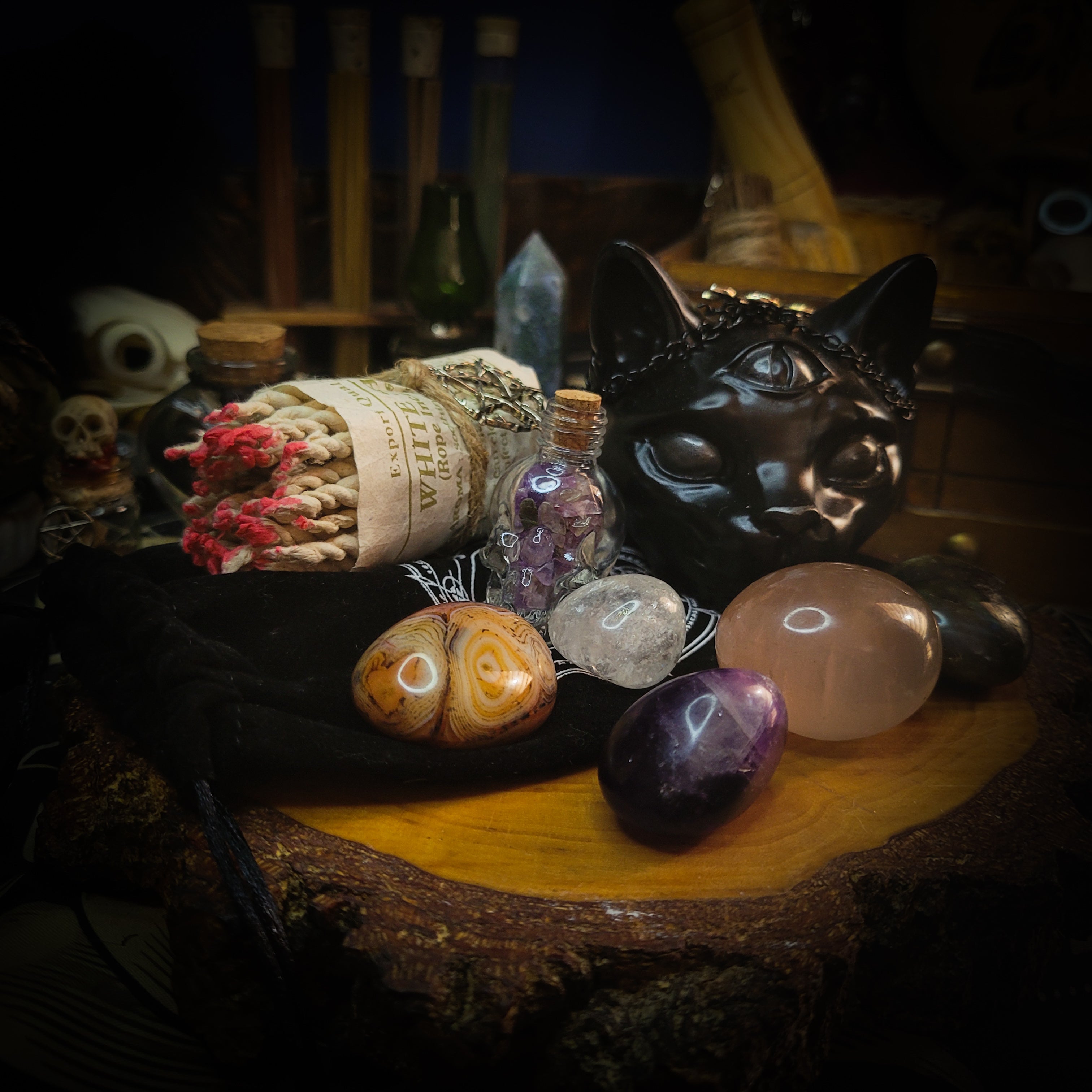 Universal Witch Altar Box — handmade witch altar box, made to order. Custom portable ritual space with pendulum board, obsidian scrying mirror, spell jars, wand, crystals, bones and symbolic elements. Dark witchcraft commission by Morbid Oddities.