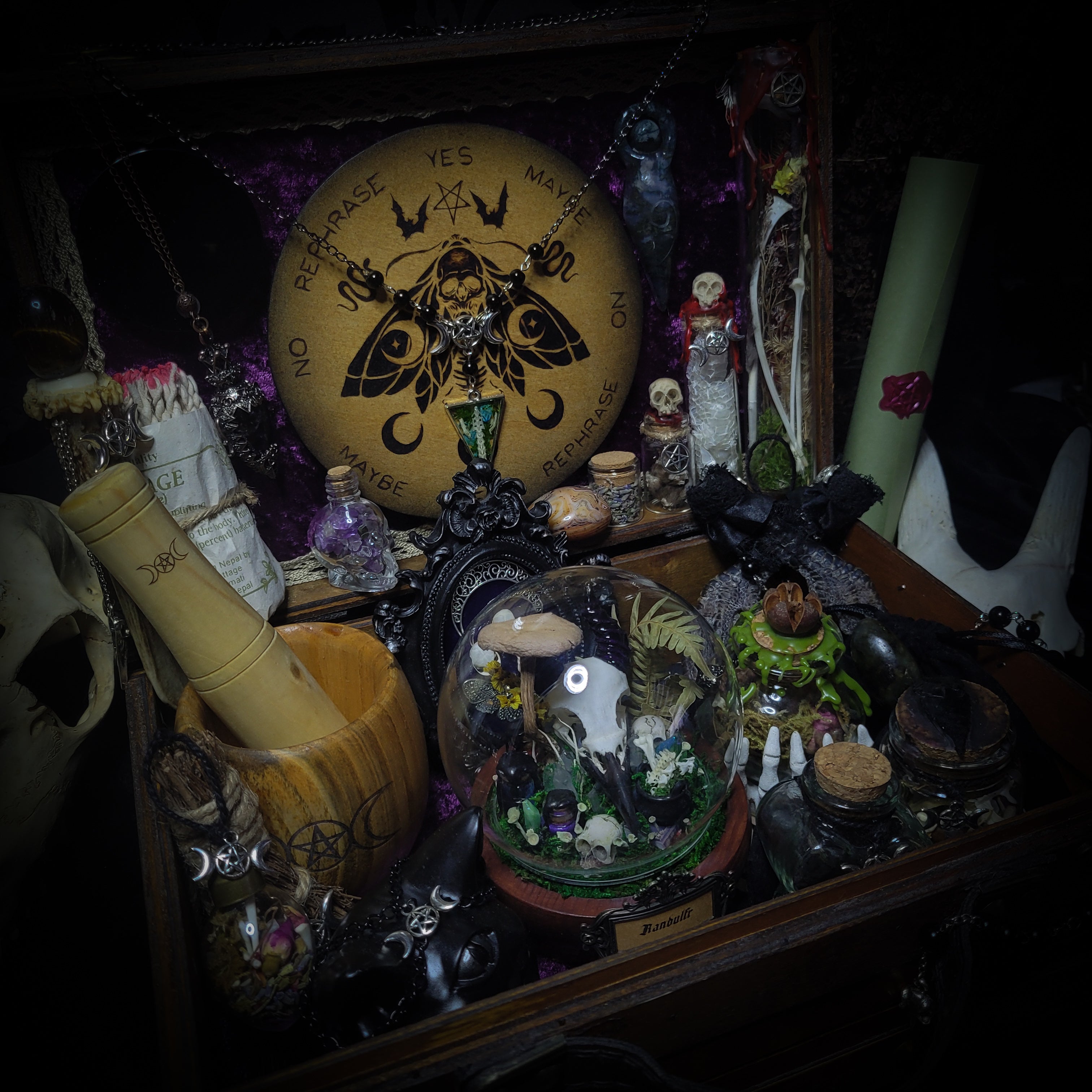 Universal Witch Altar Box — handmade witch altar box, made to order. Custom portable ritual space with pendulum board, obsidian scrying mirror, spell jars, wand, crystals, bones and symbolic elements. Dark witchcraft commission by Morbid Oddities.