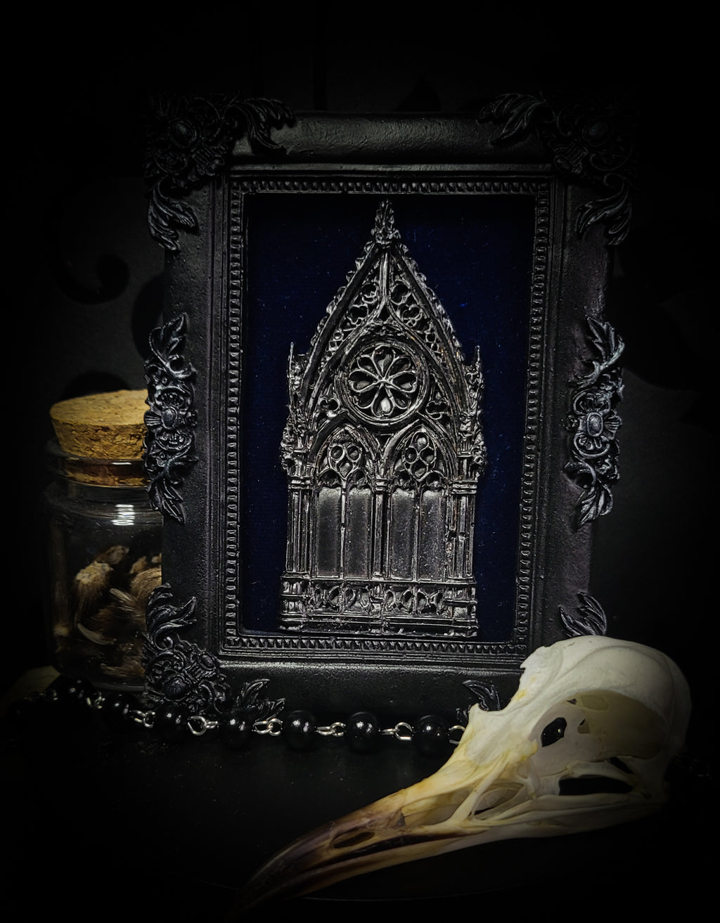 Handmade gothic shadowbox — cast cathedral motif on deep velvet, ornate baroque frame, made to order, 12x10cm