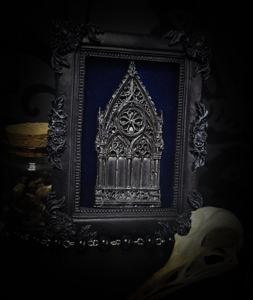 Handmade gothic shadowbox — cast cathedral motif on deep velvet, ornate baroque frame, made to order, 12x10cm