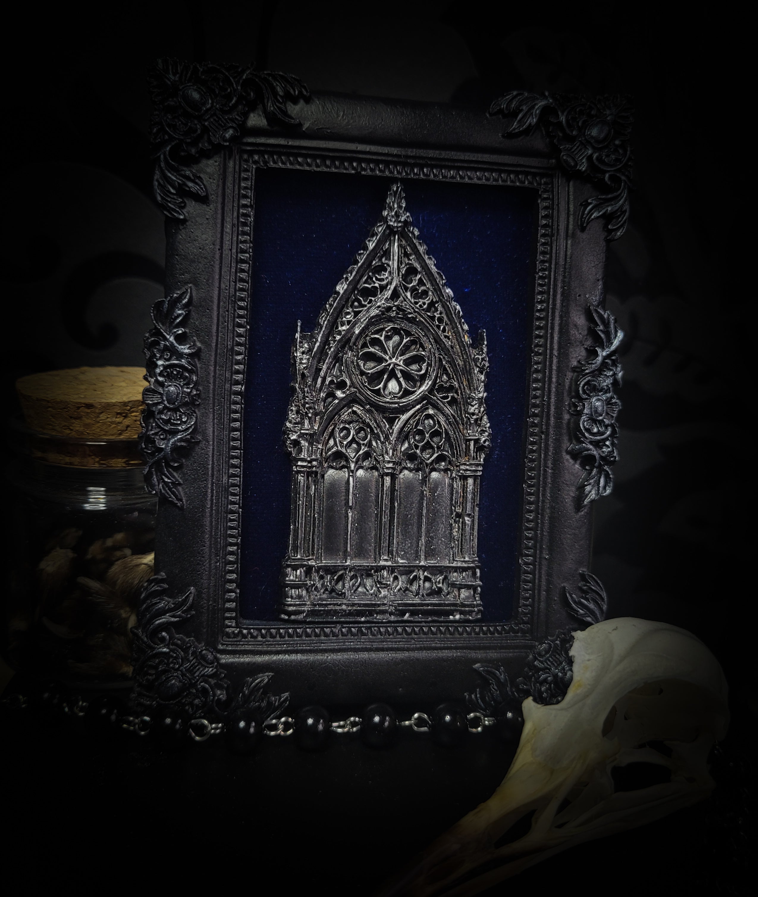 Handmade gothic shadowbox — cast cathedral motif on deep velvet, ornate baroque frame, made to order, 12x10cm