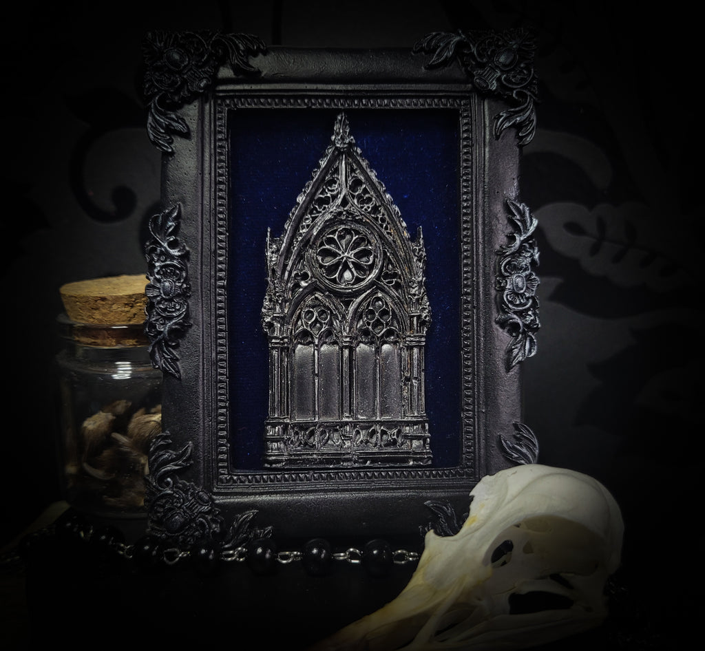 Handmade gothic shadowbox — cast cathedral motif on deep velvet, ornate baroque frame, made to order, 12x10cm