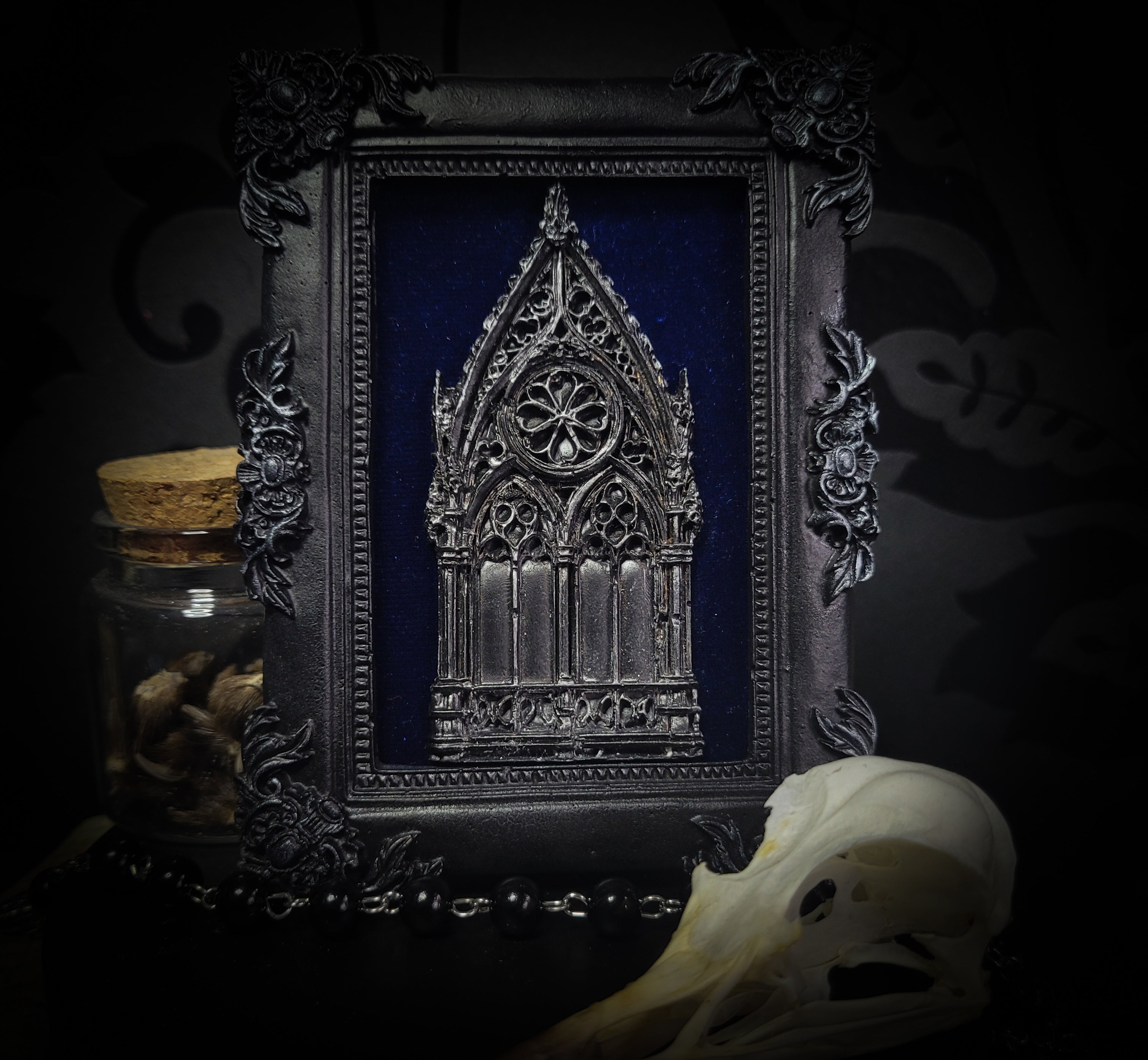 Handmade gothic shadowbox — cast cathedral motif on deep velvet, ornate baroque frame, made to order, 12x10cm