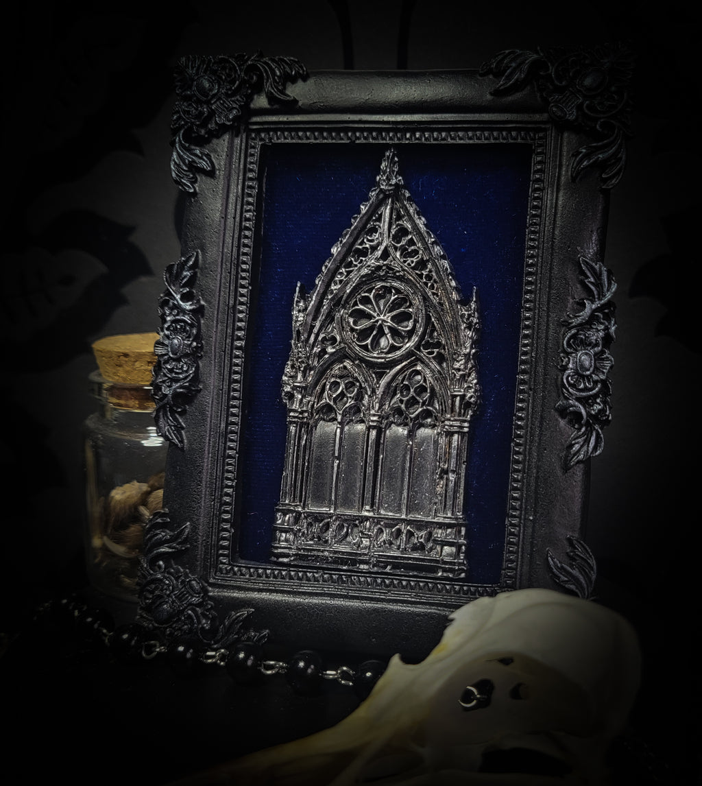Handmade gothic shadowbox — cast cathedral motif on deep velvet, ornate baroque frame, made to order, 12x10cm
