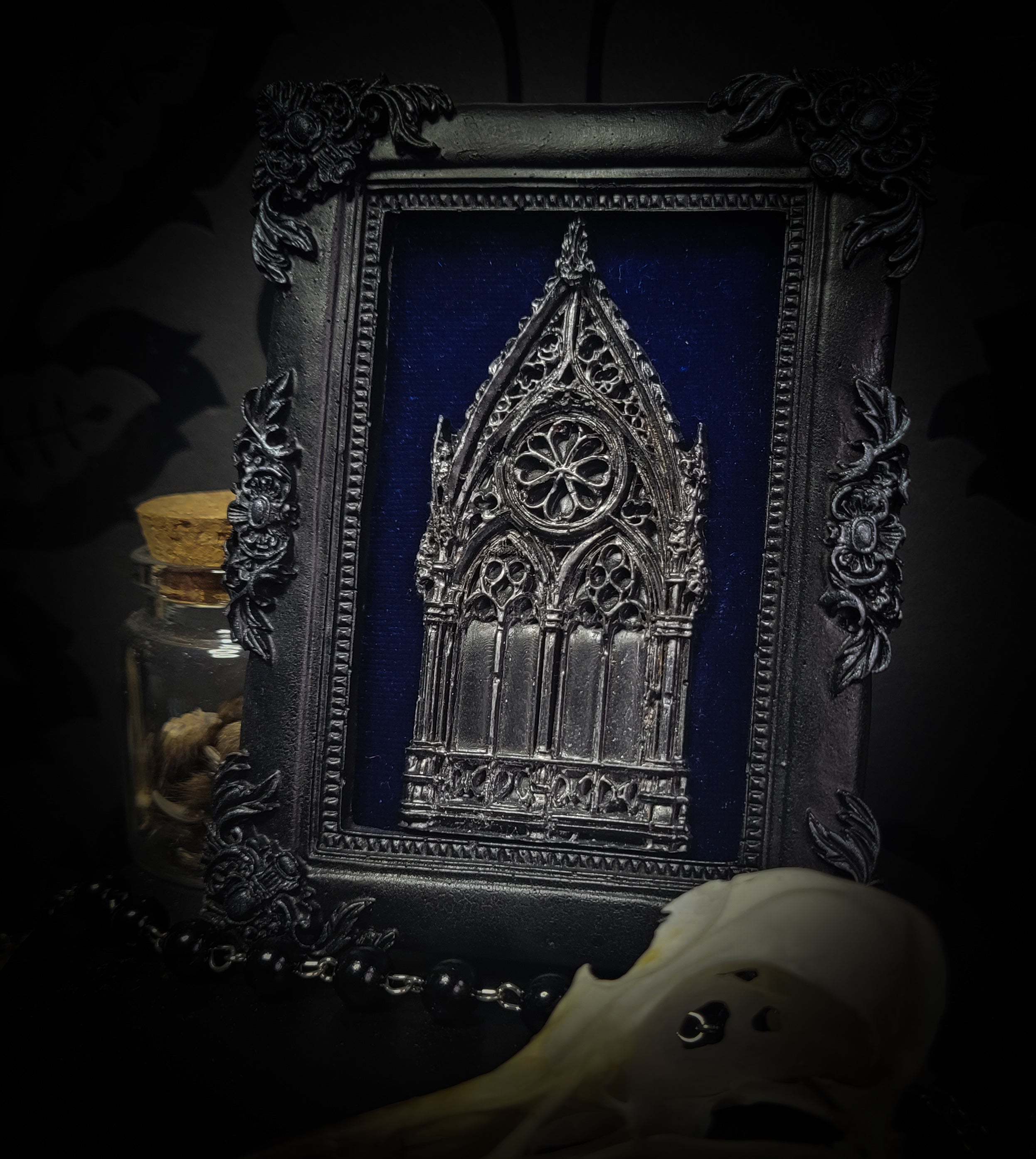 Handmade gothic shadowbox — cast cathedral motif on deep velvet, ornate baroque frame, made to order, 12x10cm