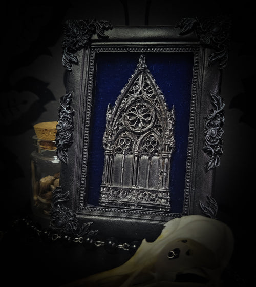 Handmade gothic shadowbox — cast cathedral motif on deep velvet, ornate baroque frame, made to order, 12x10cm