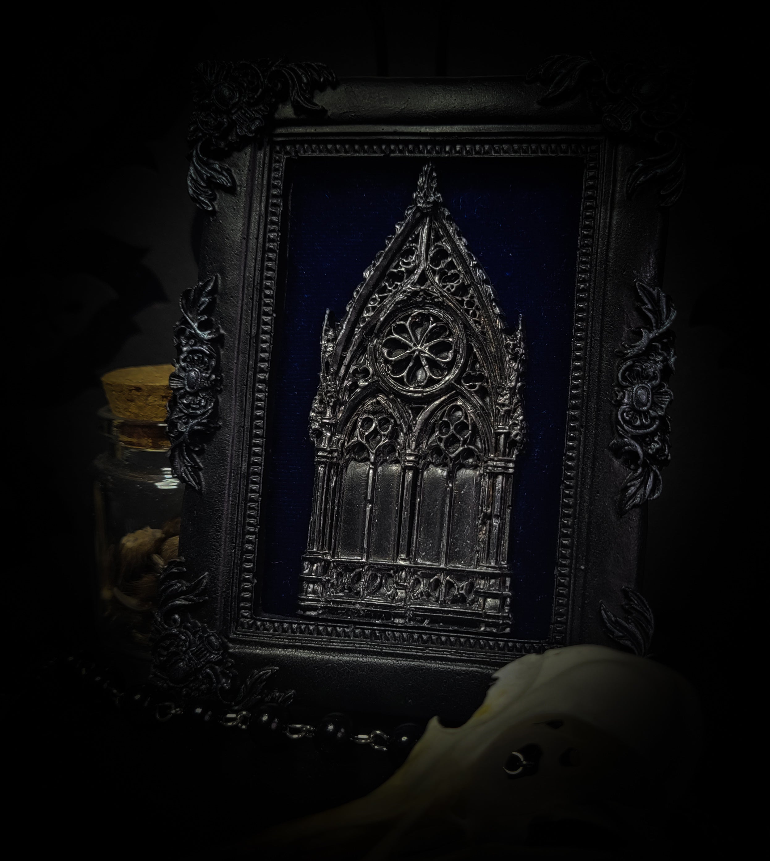 Handmade gothic shadowbox — cast cathedral motif on deep velvet, ornate baroque frame, made to order, 12x10cm