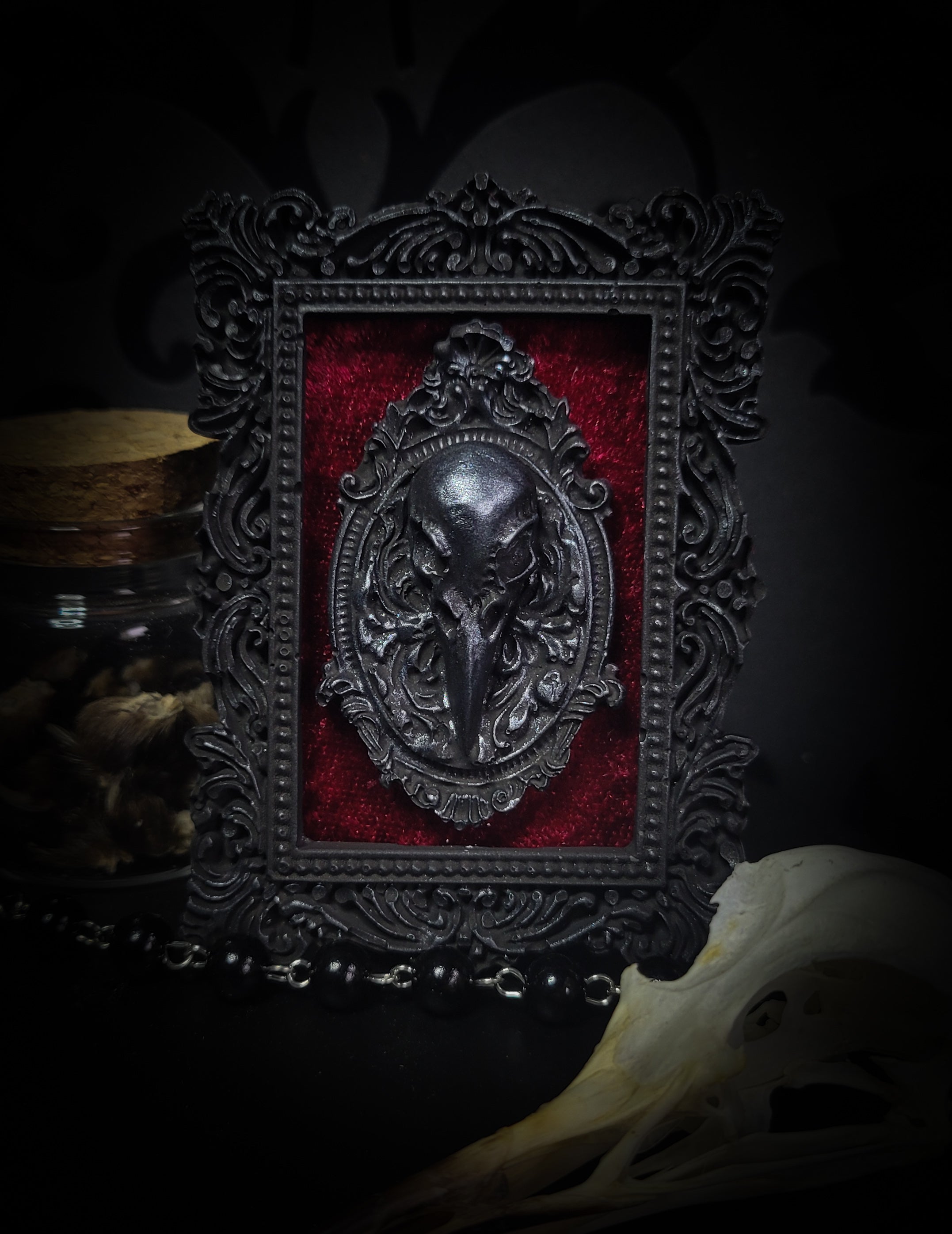 Corvusum Reliquary — handmade gothic shadowbox, made to order. Detailed handcrafted raven in ornate gothic frame on velvet background. Dark macabre wall and altar decor, 10x7.5cm.