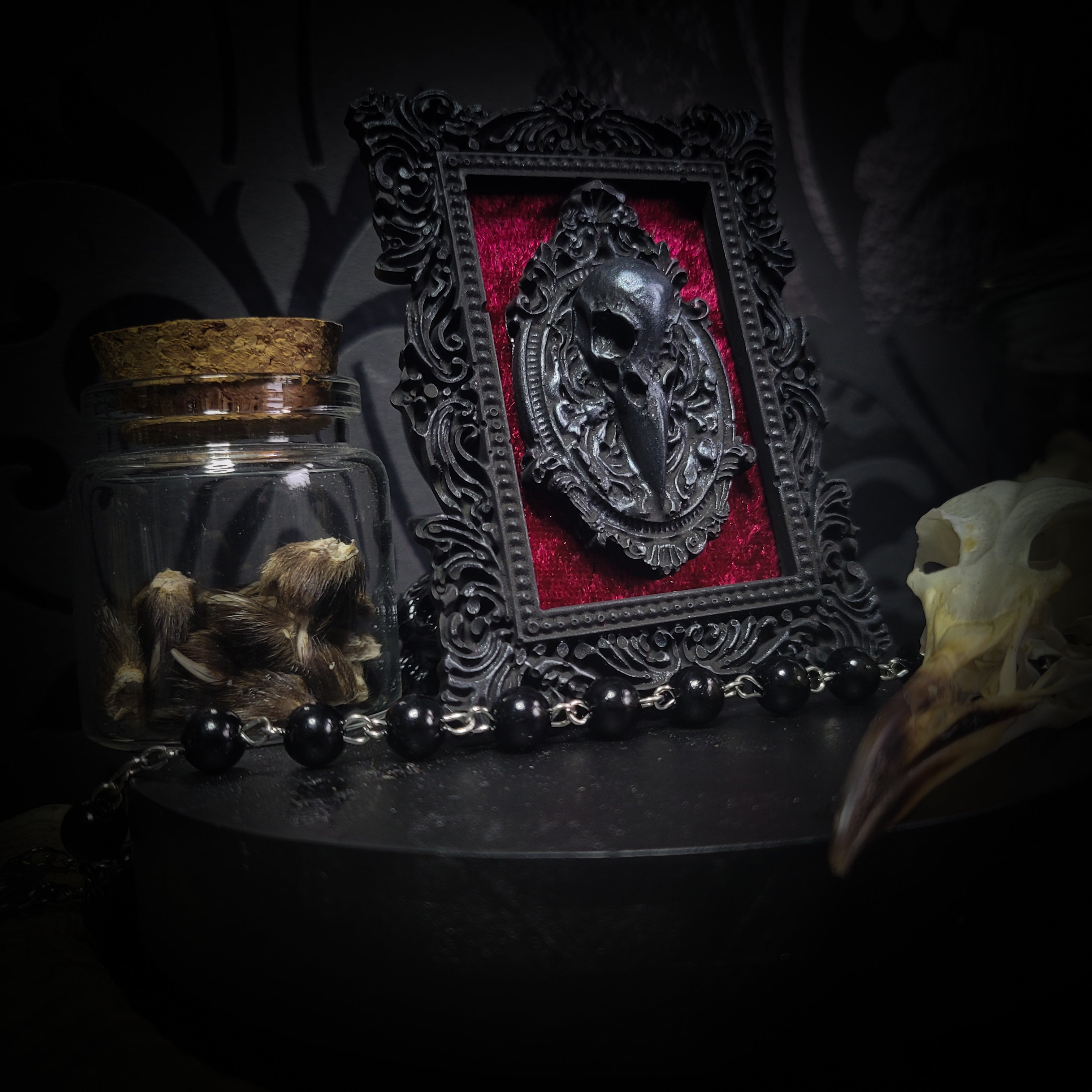 Corvusum Reliquary — handmade gothic shadowbox, made to order. Detailed handcrafted raven in ornate gothic frame on velvet background. Dark macabre wall and altar decor, 10x7.5cm.