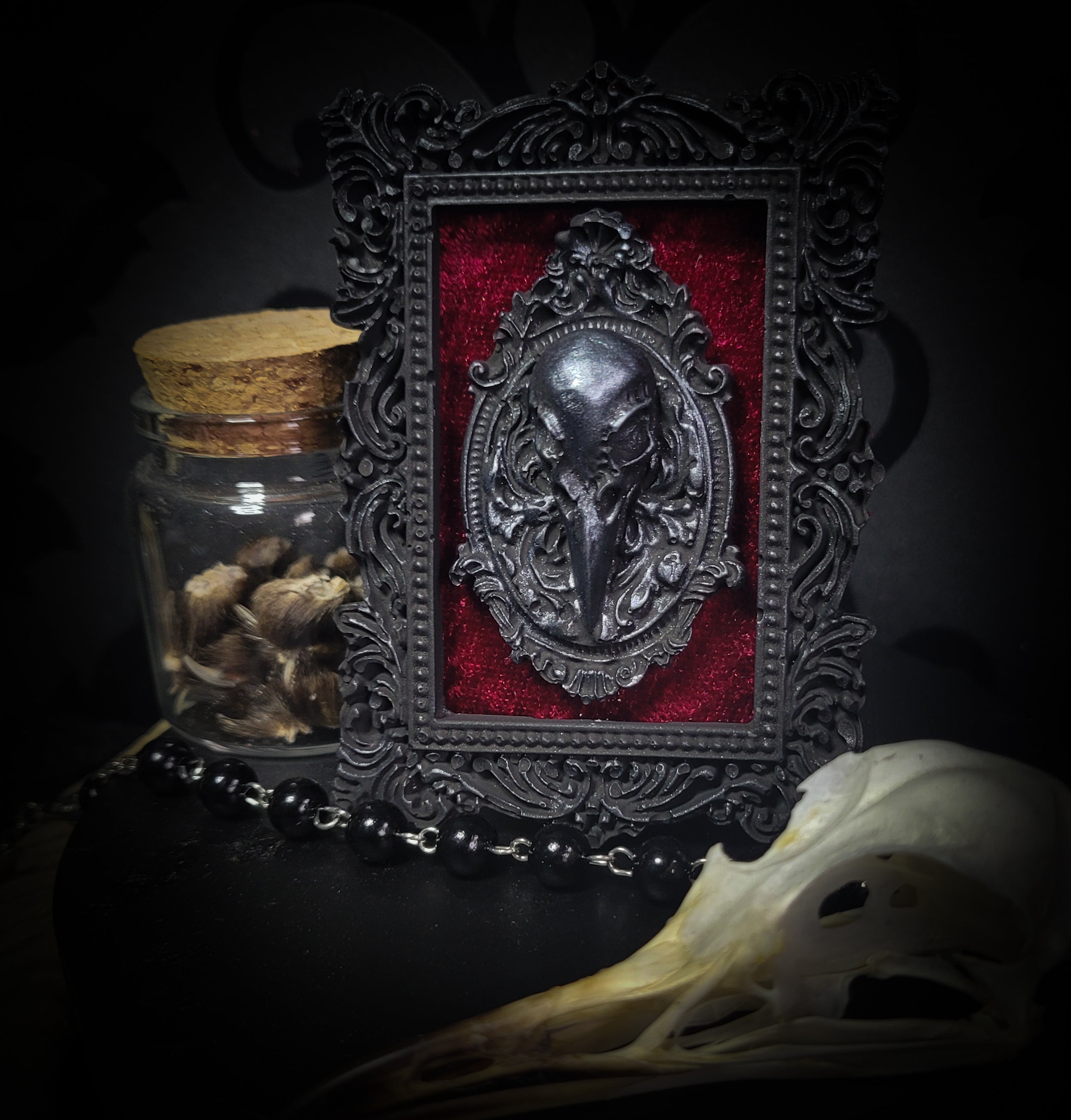 Corvusum Reliquary — handmade gothic shadowbox, made to order. Detailed handcrafted raven in ornate gothic frame on velvet background. Dark macabre wall and altar decor, 10x7.5cm.