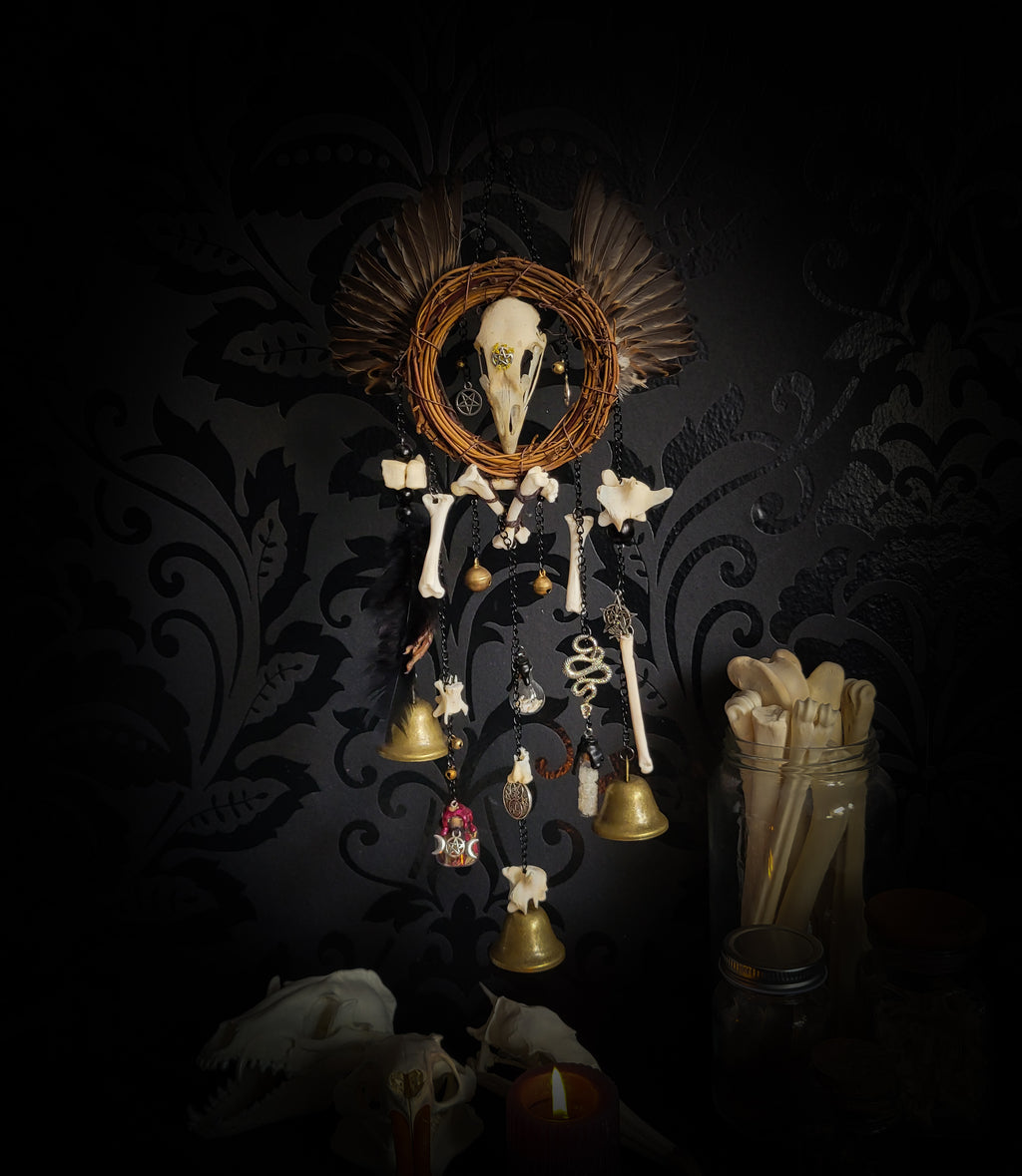 Witch Bell — handmade protective witch bells, made to order. Unique ritual charm with metal bells, bones and symbolic elements, designed for doorways, altars and ritual spaces. Handcrafted occult decor by Morbid Oddities