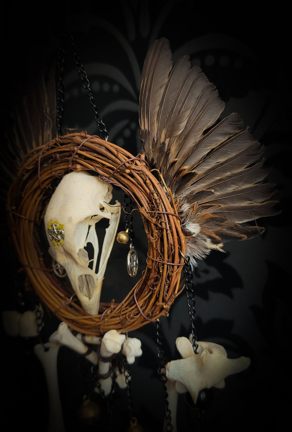 Witch Bell — handmade protective witch bells, made to order. Unique ritual charm with metal bells, bones and symbolic elements, designed for doorways, altars and ritual spaces. Handcrafted occult decor by Morbid Oddities