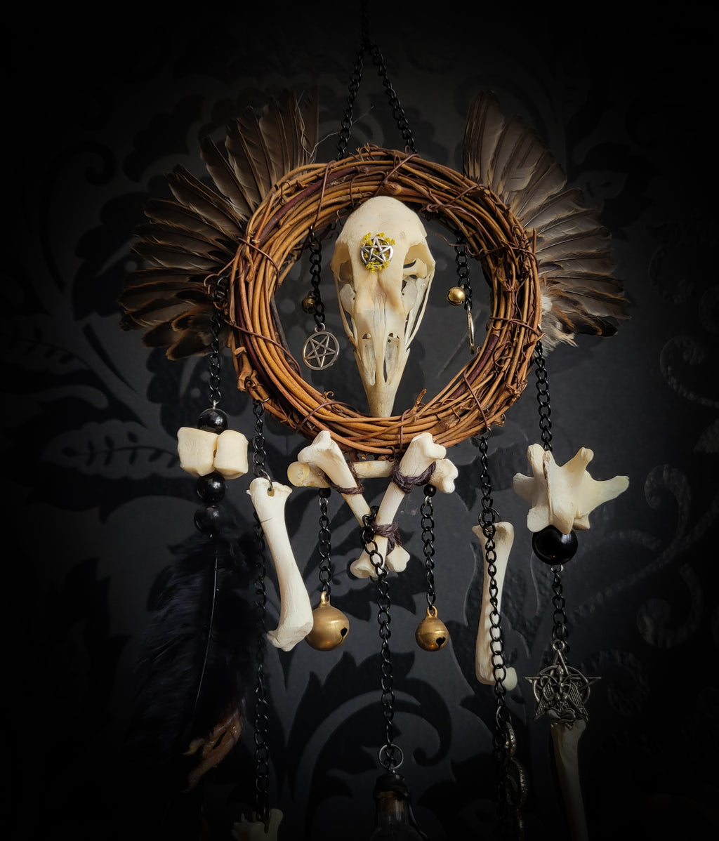 Witch Bell — handmade protective witch bells, made to order. Unique ritual charm with metal bells, bones and symbolic elements, designed for doorways, altars and ritual spaces. Handcrafted occult decor by Morbid Oddities