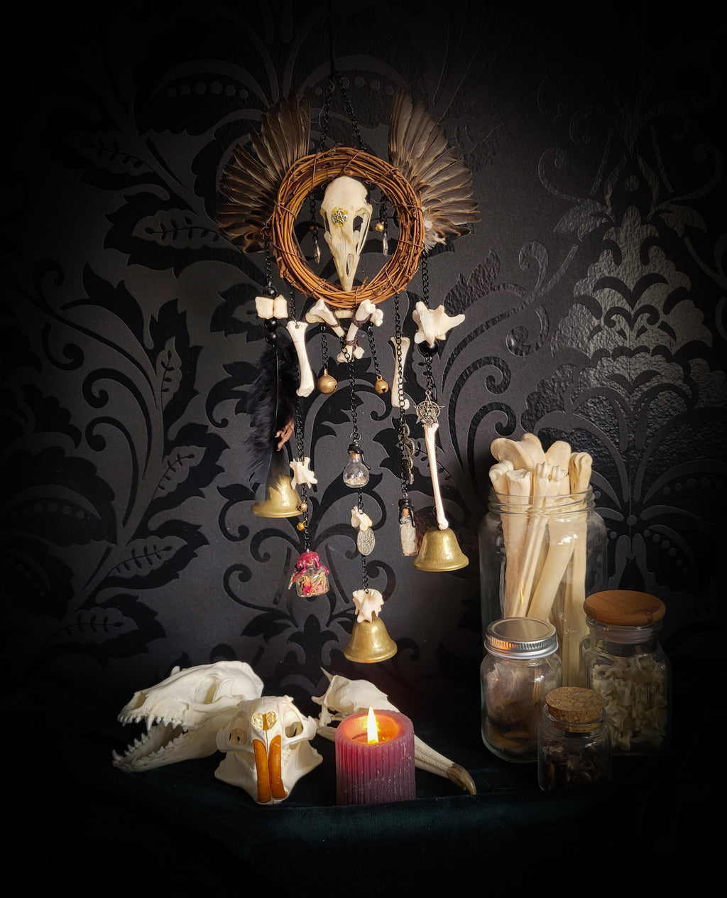 Witch Bell — handmade protective witch bells, made to order. Unique ritual charm with metal bells, bones and symbolic elements, designed for doorways, altars and ritual spaces. Handcrafted occult decor by Morbid Oddities