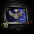Simple bat shadowbox — handmade gothic shadowbox, made to order. Preserved bat specimen on velvet background in deep frame with ornate corner decorations, miniature bats, crescent moon elements and Latin species nameplate. Gothic wall decor, 28x23cm.