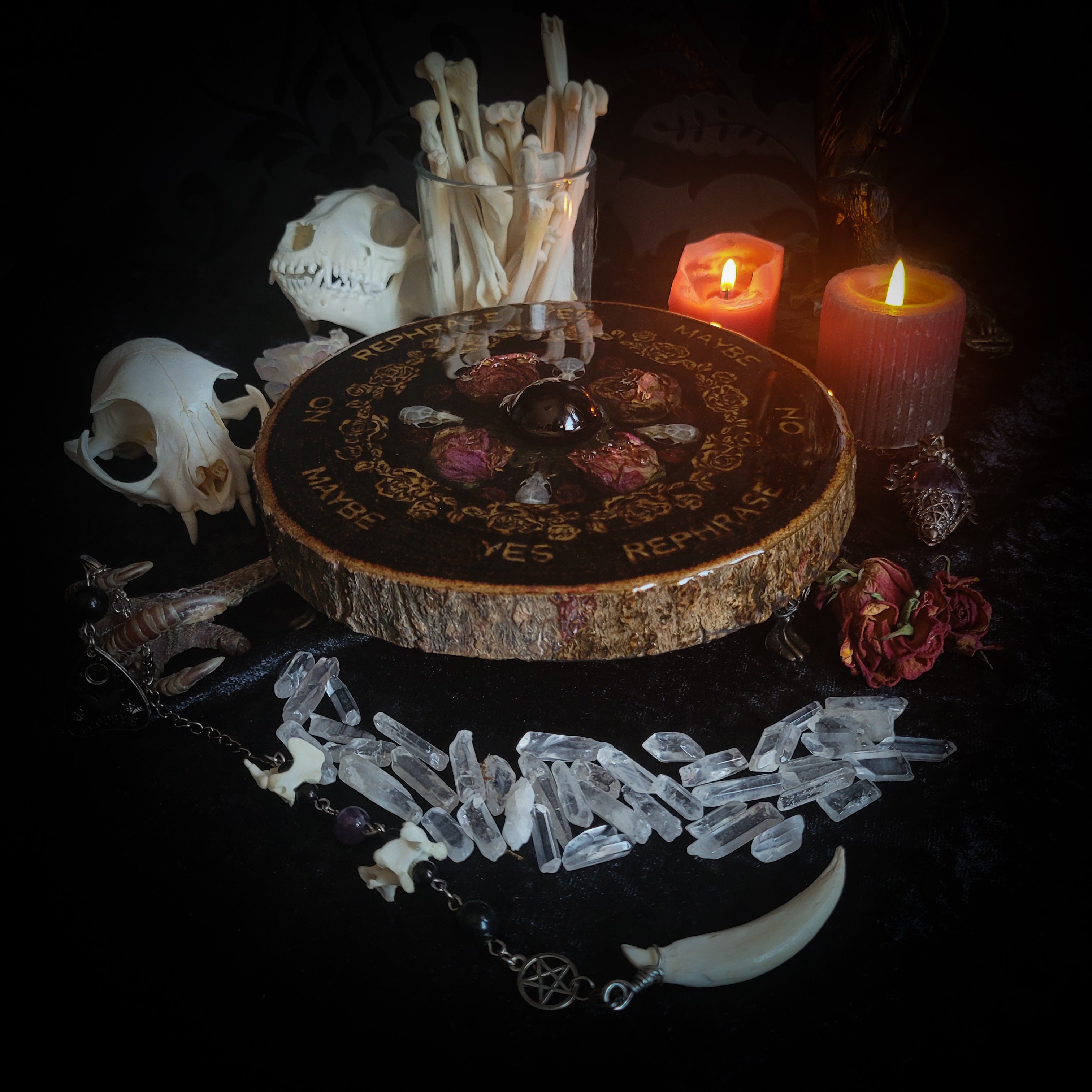 Wooden Pendulum Board — handmade divination pendulum board, made to order. Natural wood slice with hand-burned pyrography design, resin roses, crystals and ornamented legs. Custom witchcraft tool and altar decor by Morbid Oddities.