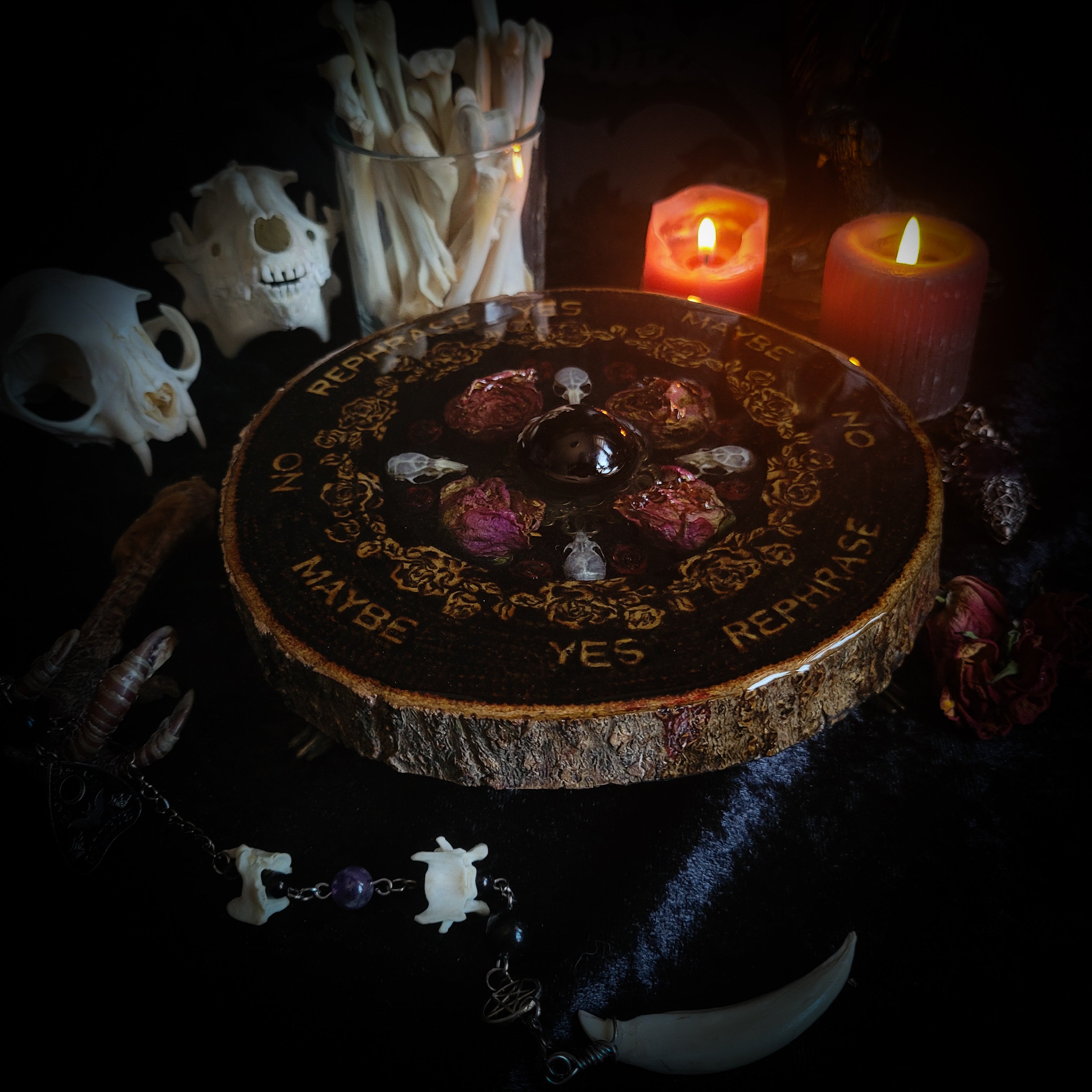 Wooden Pendulum Board — handmade divination pendulum board, made to order. Natural wood slice with hand-burned pyrography design, resin roses, crystals and ornamented legs. Custom witchcraft tool and altar decor by Morbid Oddities.