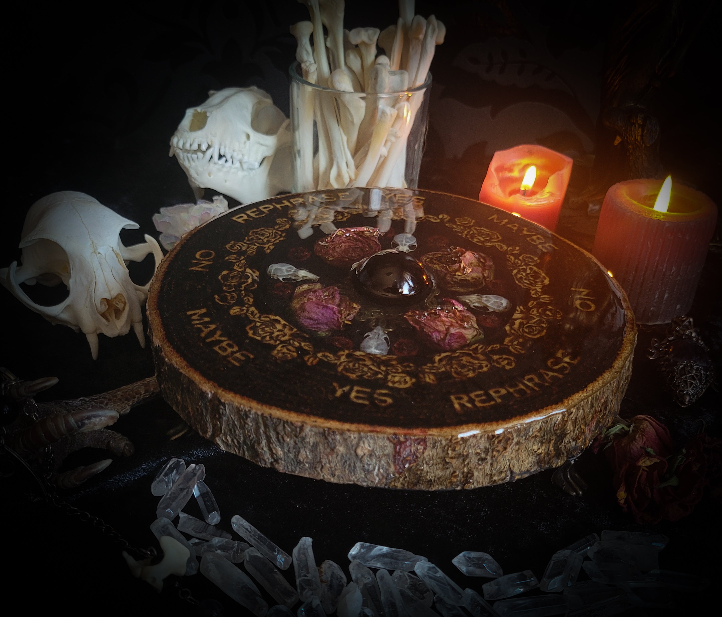 Wooden Pendulum Board — handmade divination pendulum board, made to order. Natural wood slice with hand-burned pyrography design, resin roses, crystals and ornamented legs. Custom witchcraft tool and altar decor by Morbid Oddities.