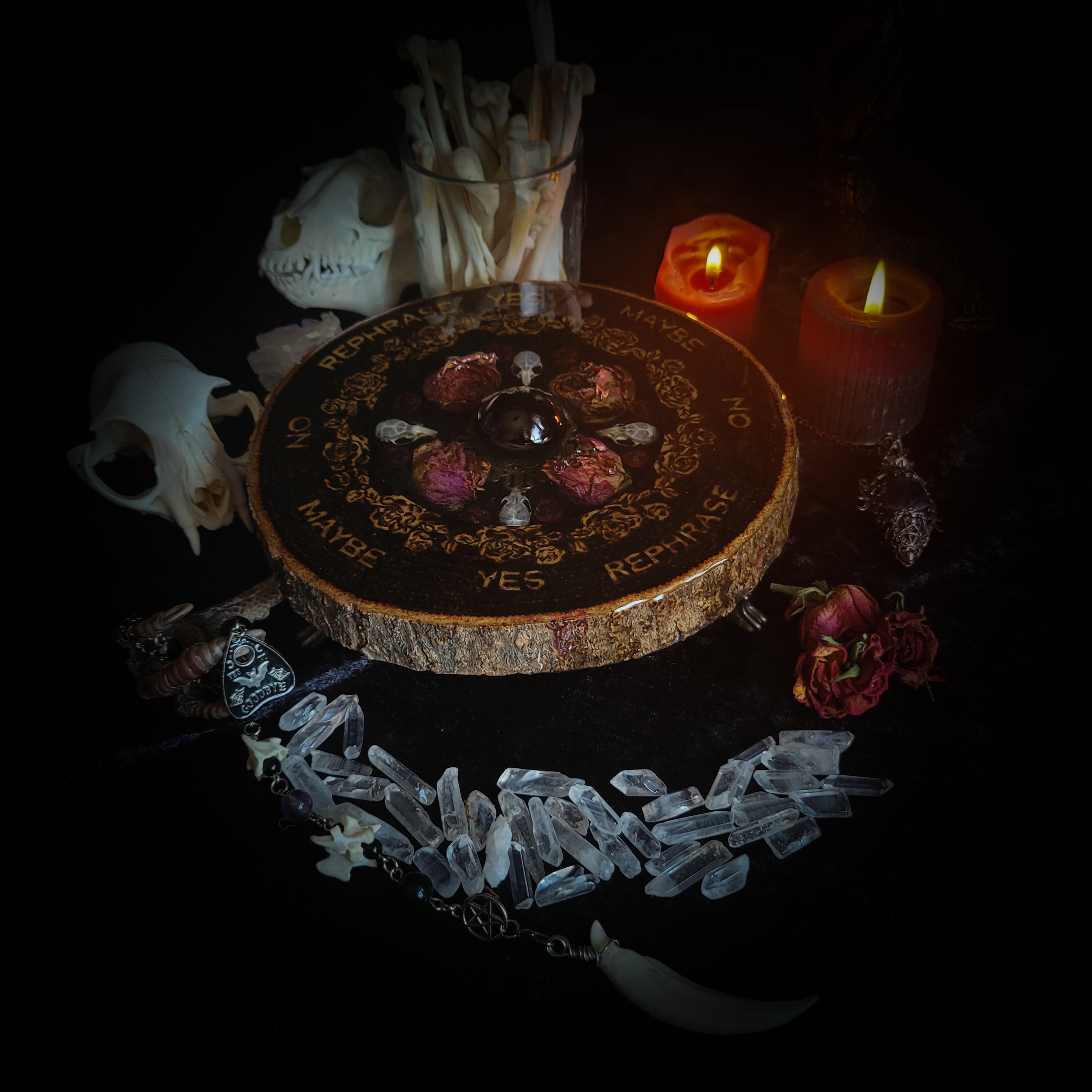 Wooden Pendulum Board — handmade divination pendulum board, made to order. Natural wood slice with hand-burned pyrography design, resin roses, crystals and ornamented legs. Custom witchcraft tool and altar decor by Morbid Oddities.