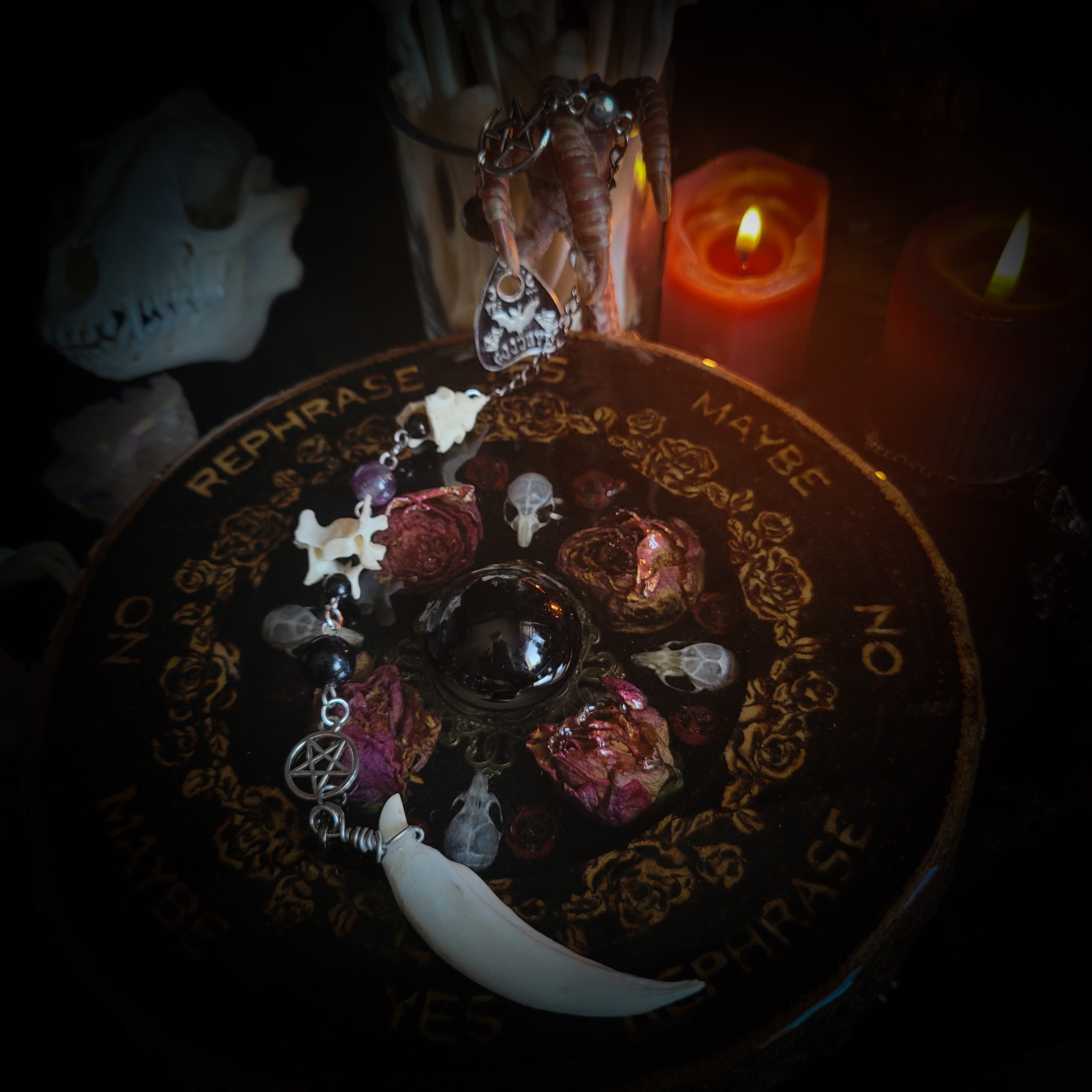 Wooden Pendulum Board — handmade divination pendulum board, made to order. Natural wood slice with hand-burned pyrography design, resin roses, crystals and ornamented legs. Custom witchcraft tool and altar decor by Morbid Oddities.