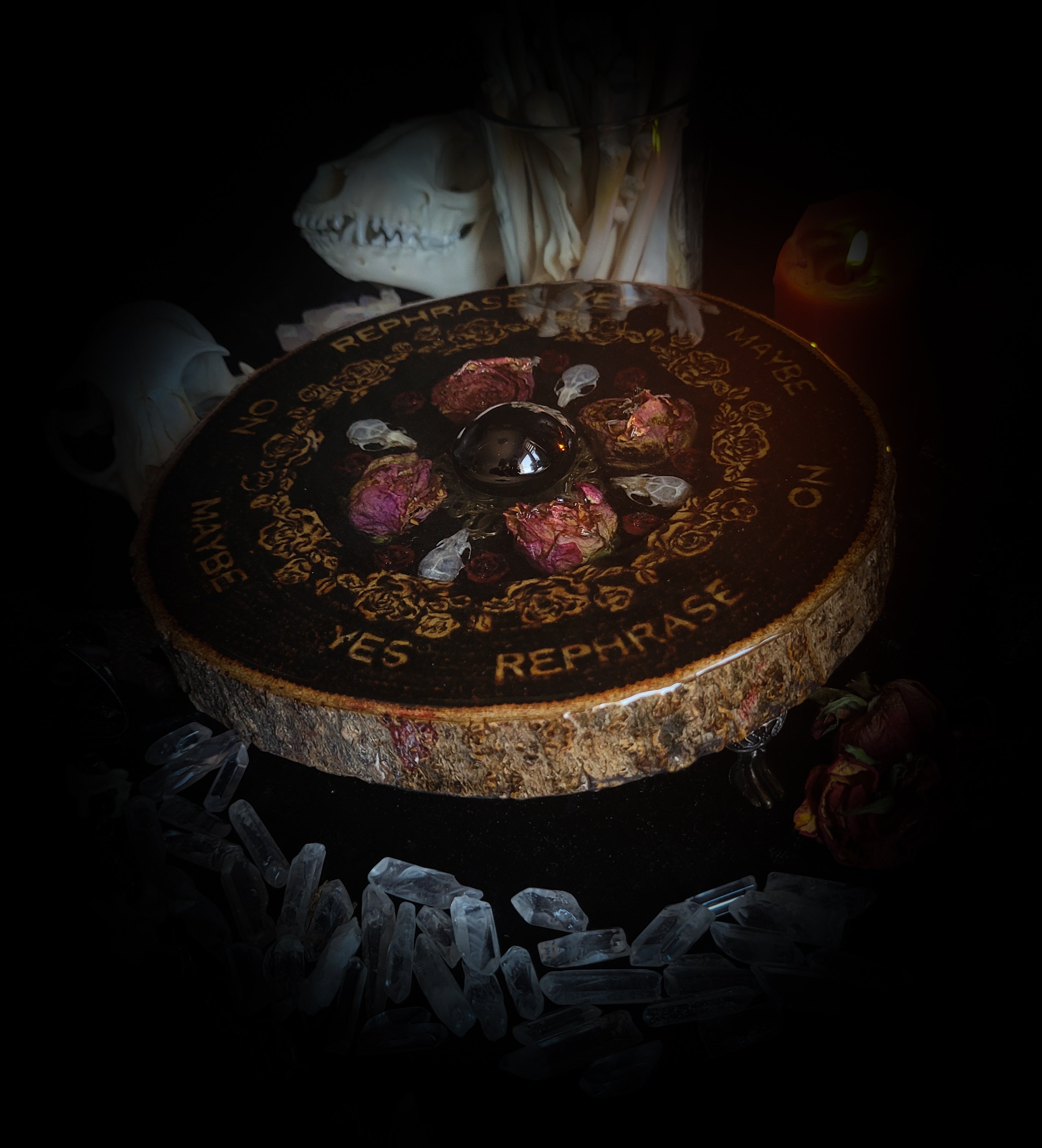 Wooden Pendulum Board — handmade divination pendulum board, made to order. Natural wood slice with hand-burned pyrography design, resin roses, crystals and ornamented legs. Custom witchcraft tool and altar decor by Morbid Oddities.