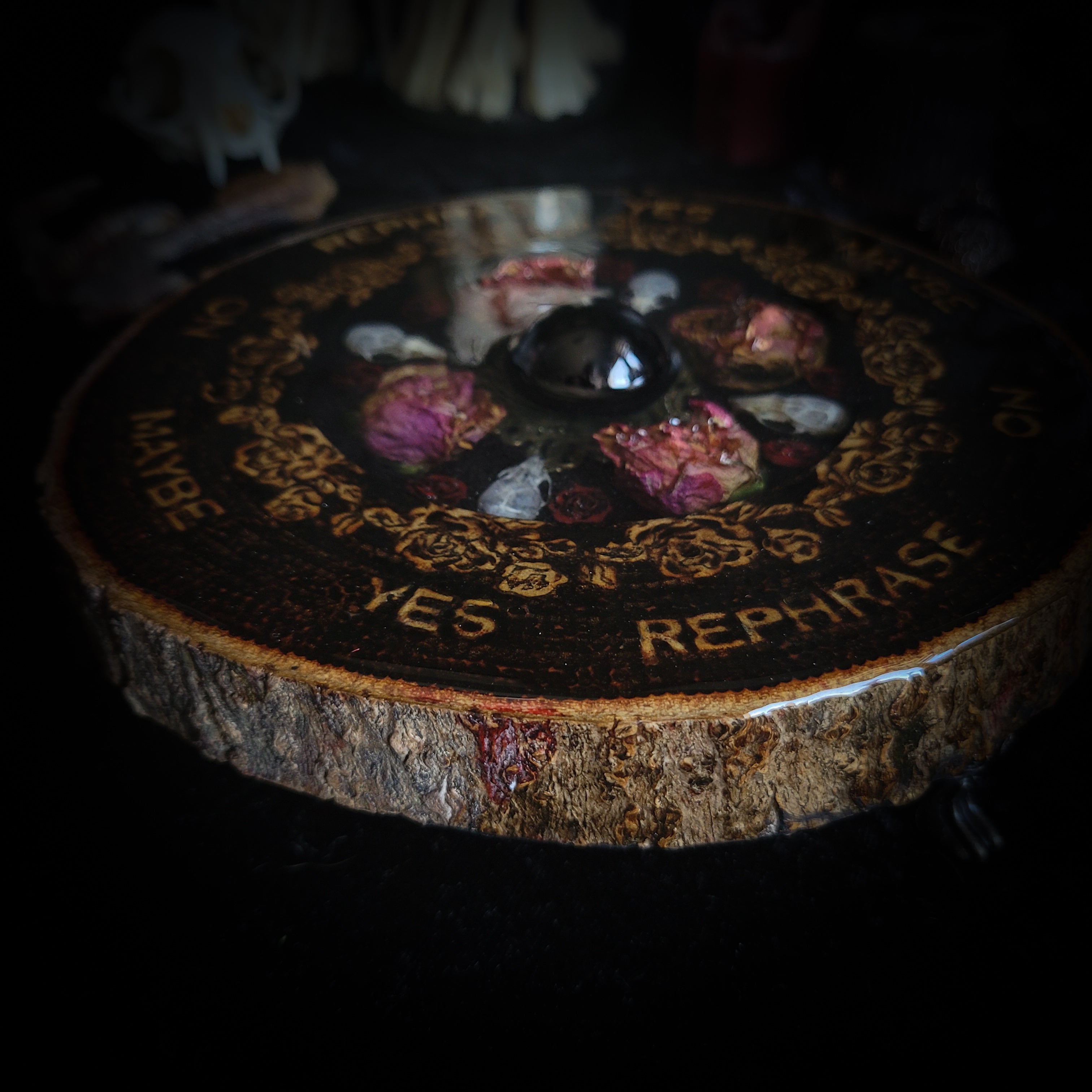 Wooden Pendulum Board — handmade divination pendulum board, made to order. Natural wood slice with hand-burned pyrography design, resin roses, crystals and ornamented legs. Custom witchcraft tool and altar decor by Morbid Oddities.