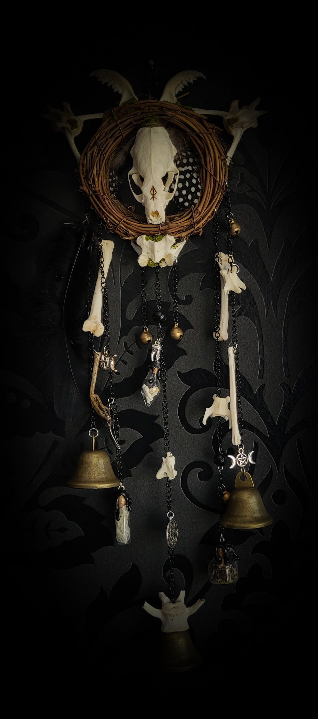 Witch Bell — handmade protective witch bells, made to order. Unique ritual charm with metal bells, bones and symbolic elements, designed for doorways, altars and ritual spaces. Handcrafted occult decor by Morbid Oddities