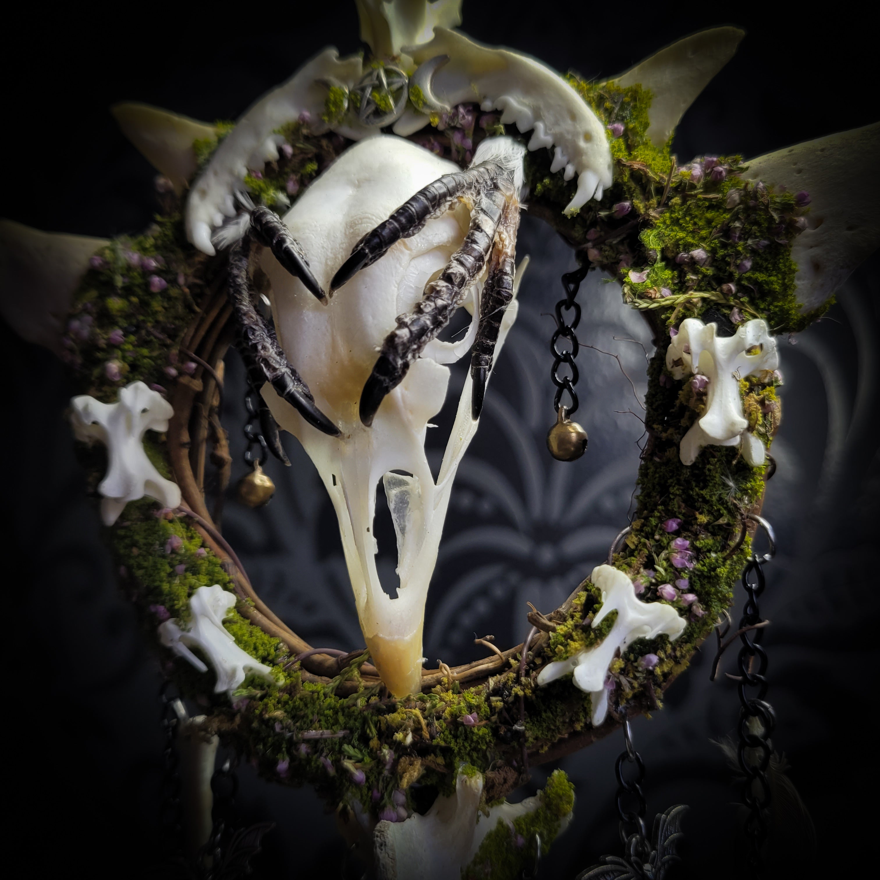 Witch Bell — handmade protective witch bells, made to order. Unique ritual charm with metal bells, bones and symbolic elements, designed for doorways, altars and ritual spaces. Handcrafted occult decor by Morbid Oddities