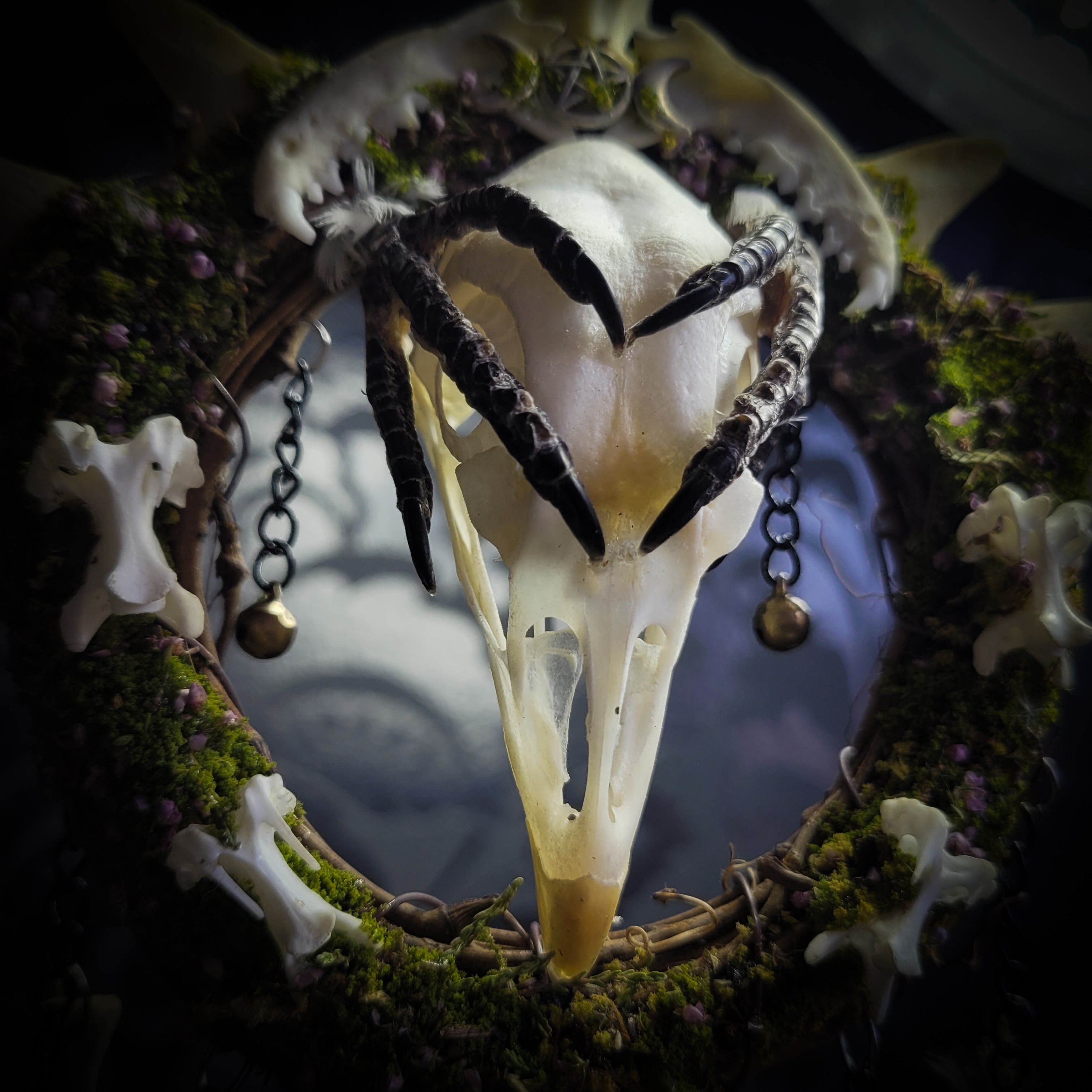 Witch Bell — handmade protective witch bells, made to order. Unique ritual charm with metal bells, bones and symbolic elements, designed for doorways, altars and ritual spaces. Handcrafted occult decor by Morbid Oddities