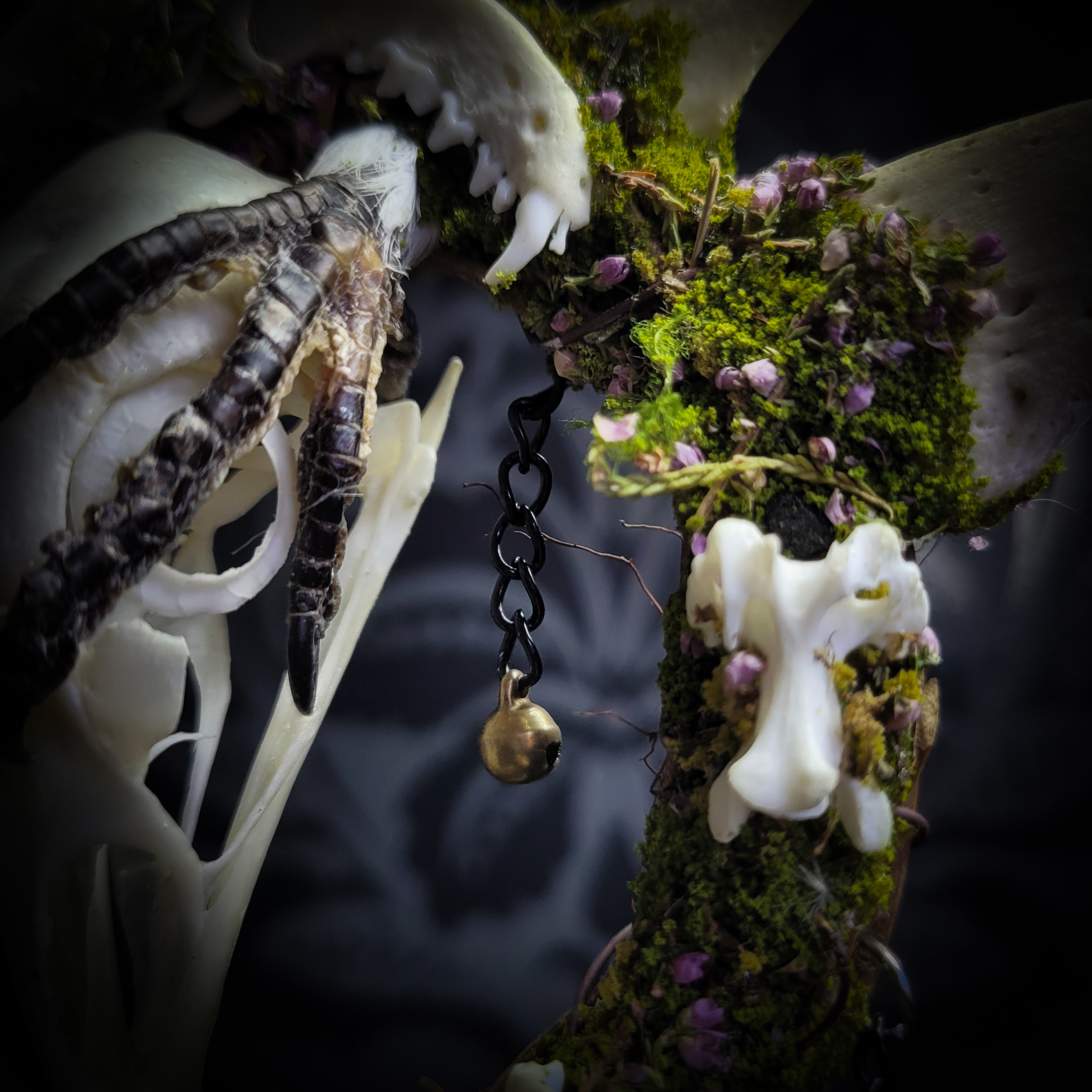 Witch Bell — handmade protective witch bells, made to order. Unique ritual charm with metal bells, bones and symbolic elements, designed for doorways, altars and ritual spaces. Handcrafted occult decor by Morbid Oddities
