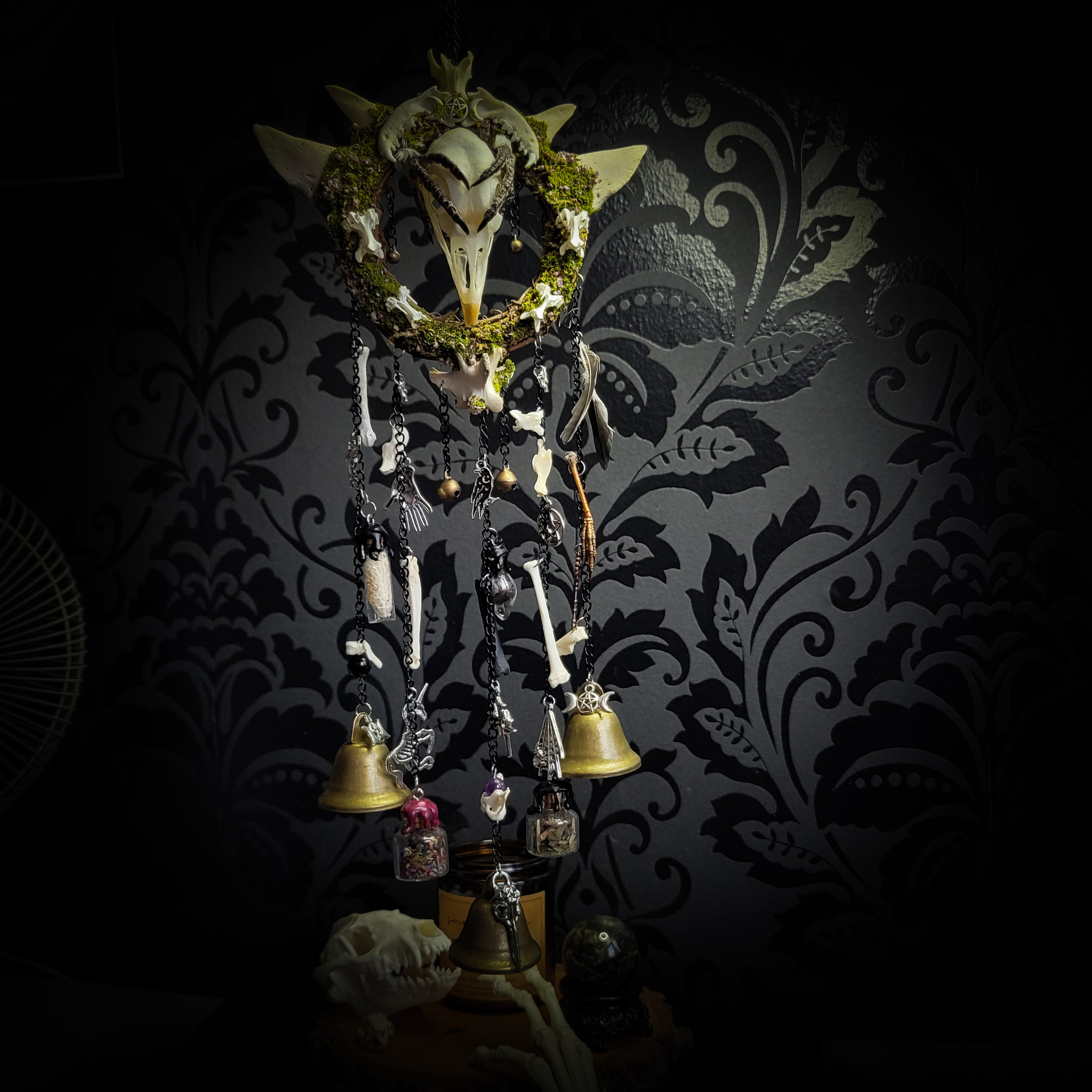 Witch Bell — handmade protective witch bells, made to order. Unique ritual charm with metal bells, bones and symbolic elements, designed for doorways, altars and ritual spaces. Handcrafted occult decor by Morbid Oddities