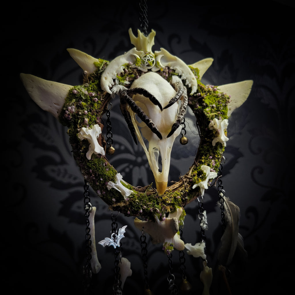Witch Bell — handmade protective witch bells, made to order. Unique ritual charm with metal bells, bones and symbolic elements, designed for doorways, altars and ritual spaces. Handcrafted occult decor by Morbid Oddities