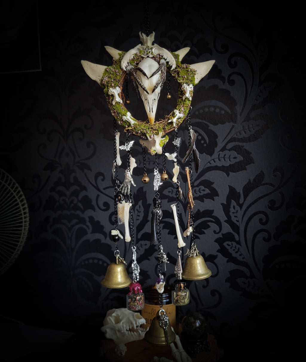 Witch Bell — handmade protective witch bells, made to order. Unique ritual charm with metal bells, bones and symbolic elements, designed for doorways, altars and ritual spaces. Handcrafted occult decor by Morbid Oddities