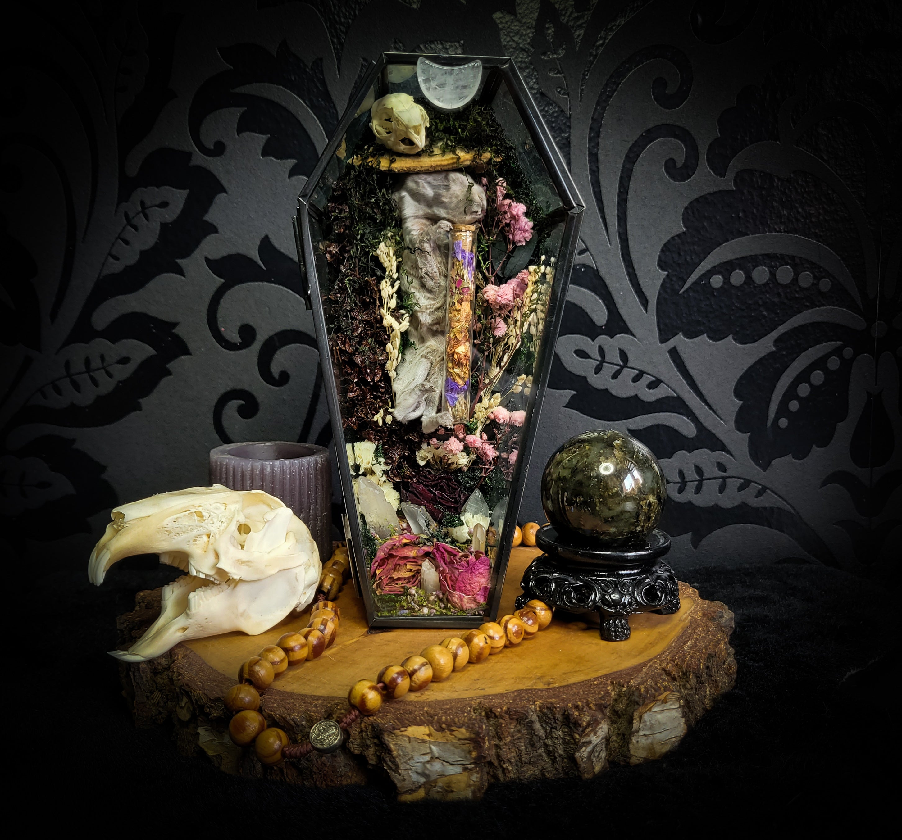 Silent Garden | Woodland — handmade gothic display with mummified baby bunny, rabbit skull, carved quartz moon, preserved roses, florals and crystals in glass coffin case on hand-finished base, 19x9.5cm