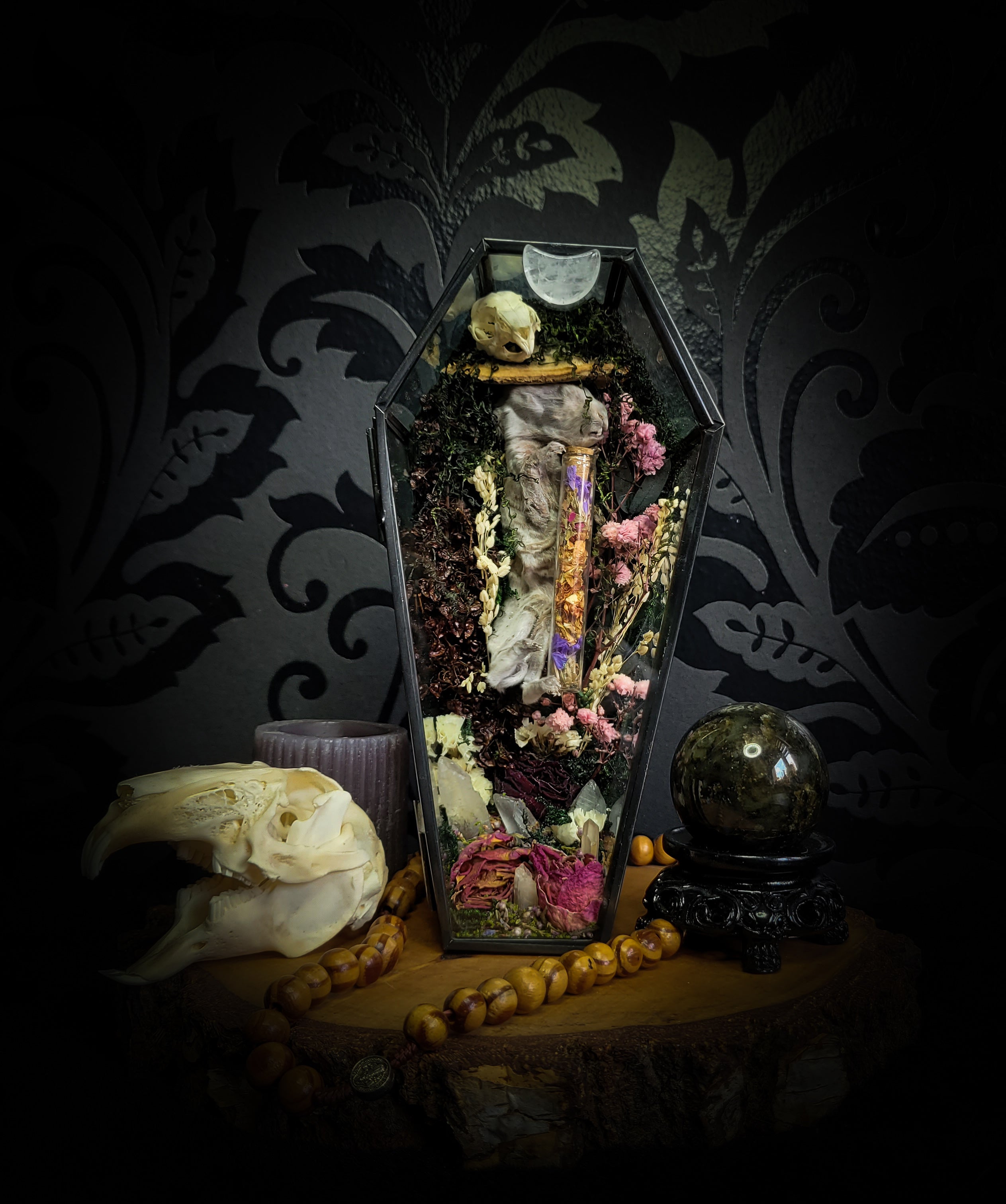 Silent Garden | Woodland — handmade gothic display with mummified baby bunny, rabbit skull, carved quartz moon, preserved roses, florals and crystals in glass coffin case on hand-finished base, 19x9.5cm
