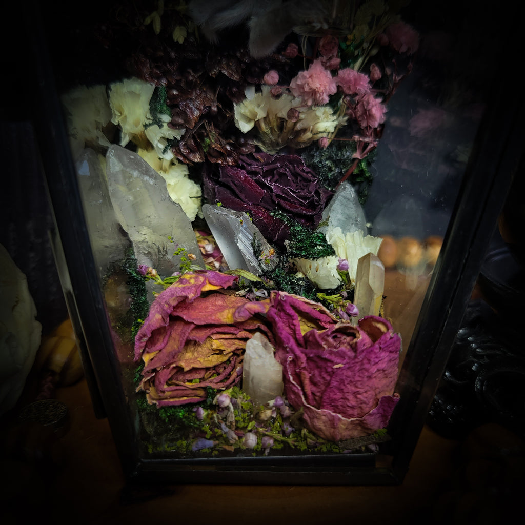 Silent Garden | Woodland — handmade gothic display with mummified baby bunny, rabbit skull, carved quartz moon, preserved roses, florals and crystals in glass coffin case on hand-finished base, 19x9.5cm