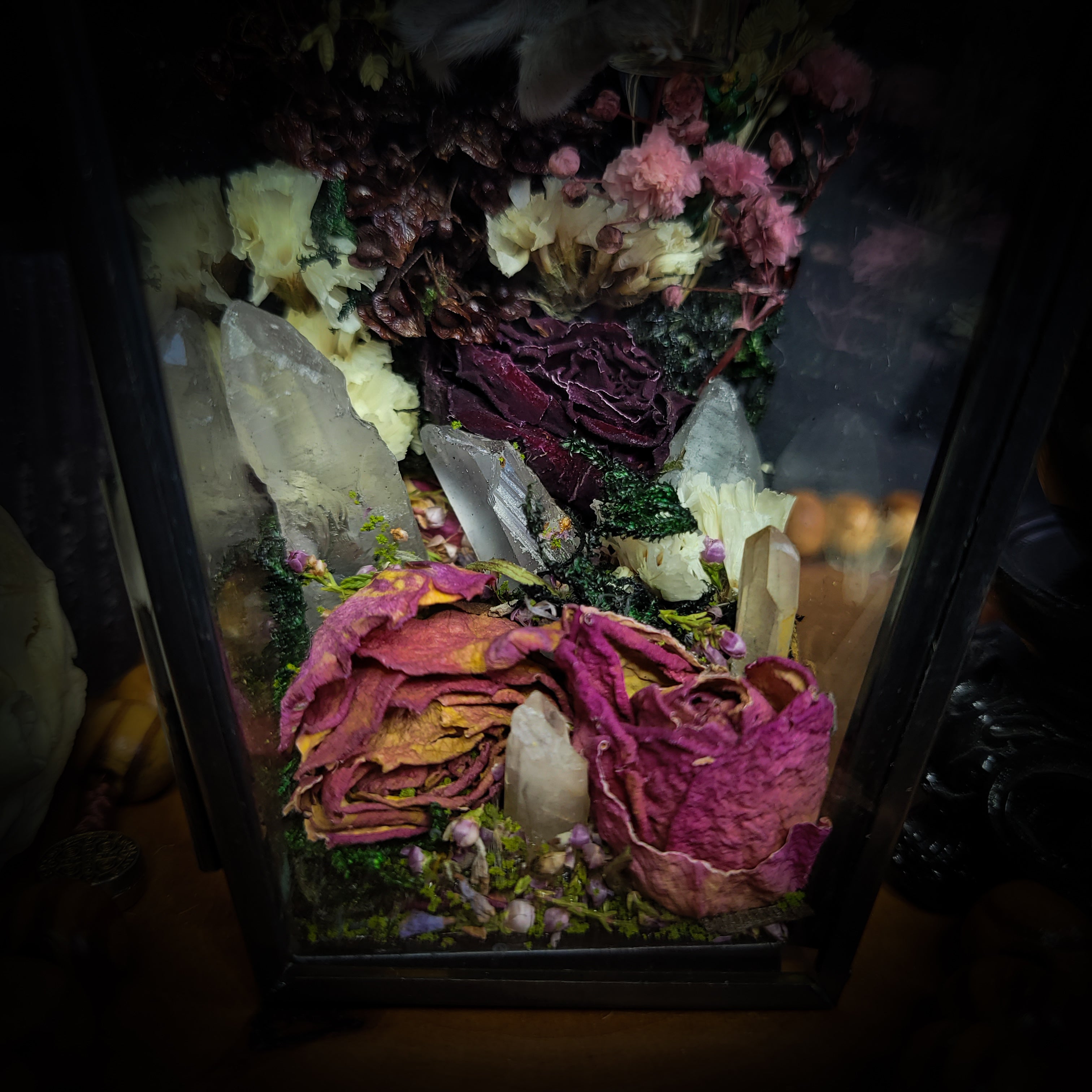 Silent Garden | Woodland — handmade gothic display with mummified baby bunny, rabbit skull, carved quartz moon, preserved roses, florals and crystals in glass coffin case on hand-finished base, 19x9.5cm
